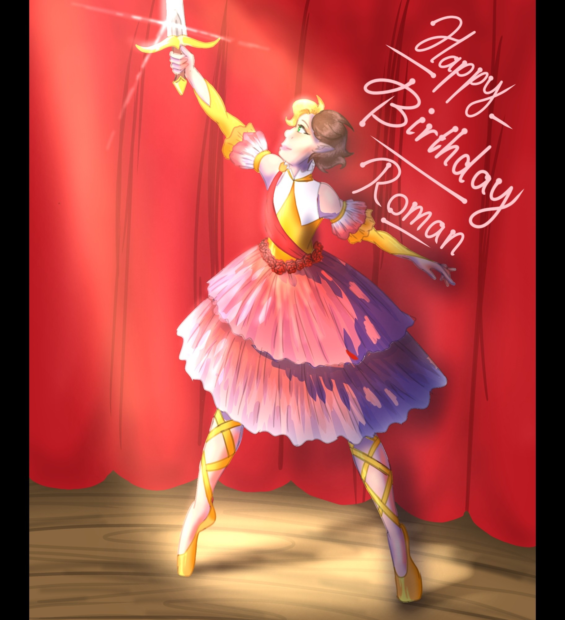 Digital art of Roman Sanders from Sanders Sides in a red and white ballet dress with gold accents and a bright red sash. He holds a silver sword to the sky and stands on a wooden stage with a curtain behind him. There's text in the top right saying "happy birthday Roman"