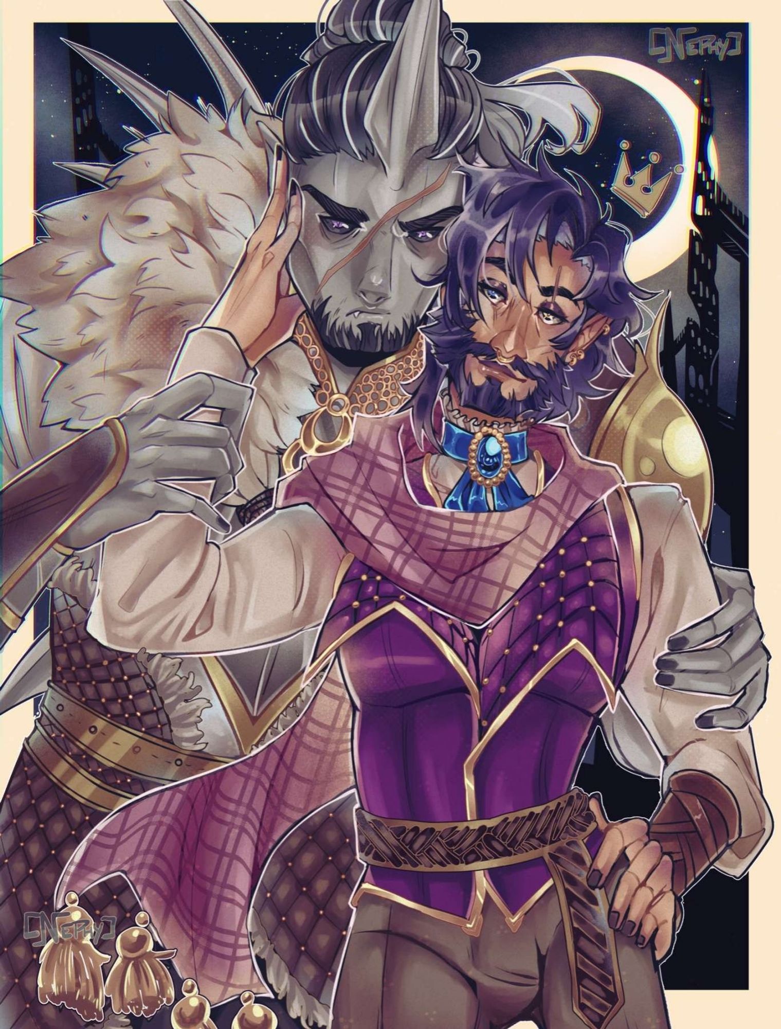 Gay couple, left one is a homebrew goliath named Ilavith. He has a big scar across his face and a horn on his forehead. He has a protective stance. On the right is my changeling wizard Zenrose, looking a little sassy, posing with Ilavith.