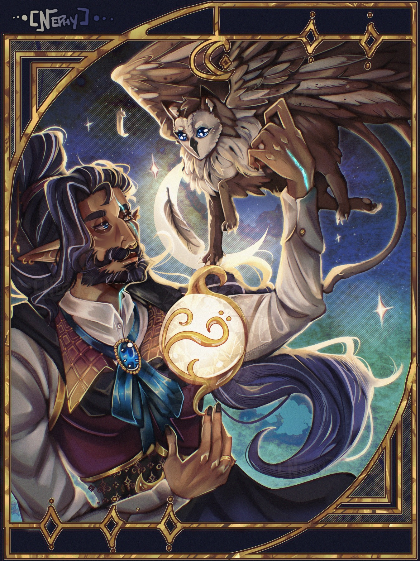 Halfbody illustration w a golden border of my changeling Zenrose and his familiar Dusktail. Hes holding up his arcane focus orb. The background is a nightsky with a crescent moon.