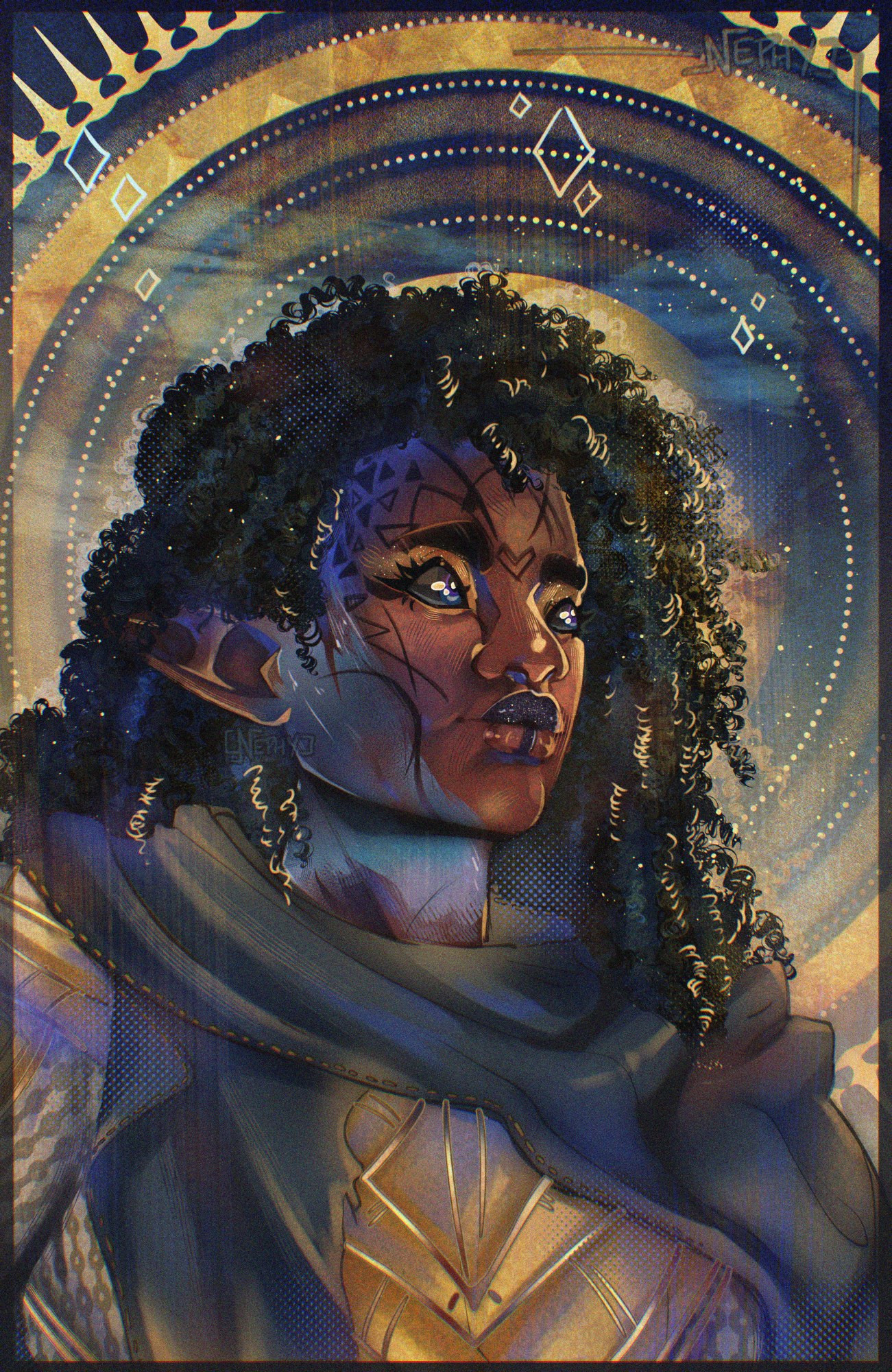 Bust illustration of my Dragon Age Rook Umbra. She has dark blue curly hair and dark skin. The background is tarotesque with golden and blue ornaments.