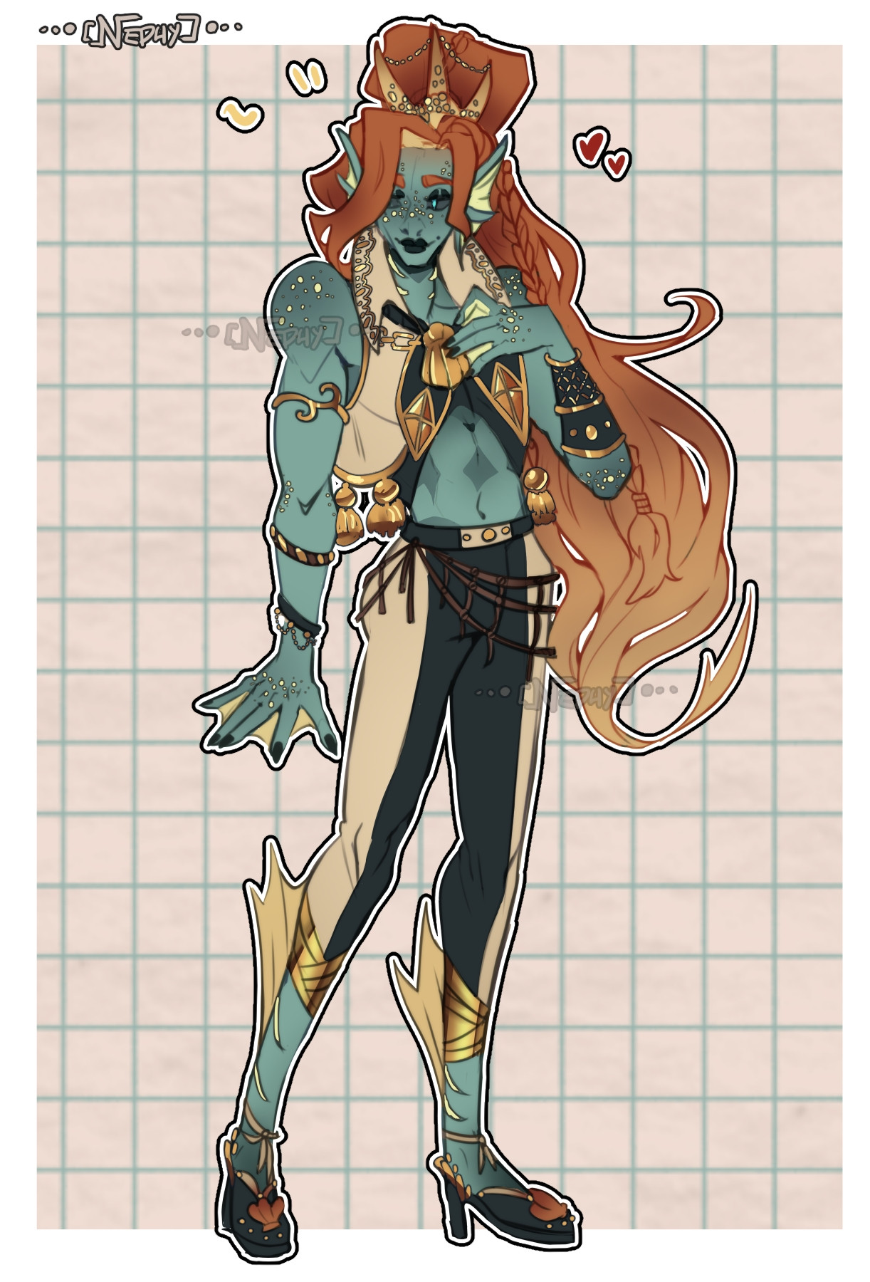 Fullbody flat colored reference of a dnd triton npc Leilani Wyston. He has long ginger hair and teal skin.