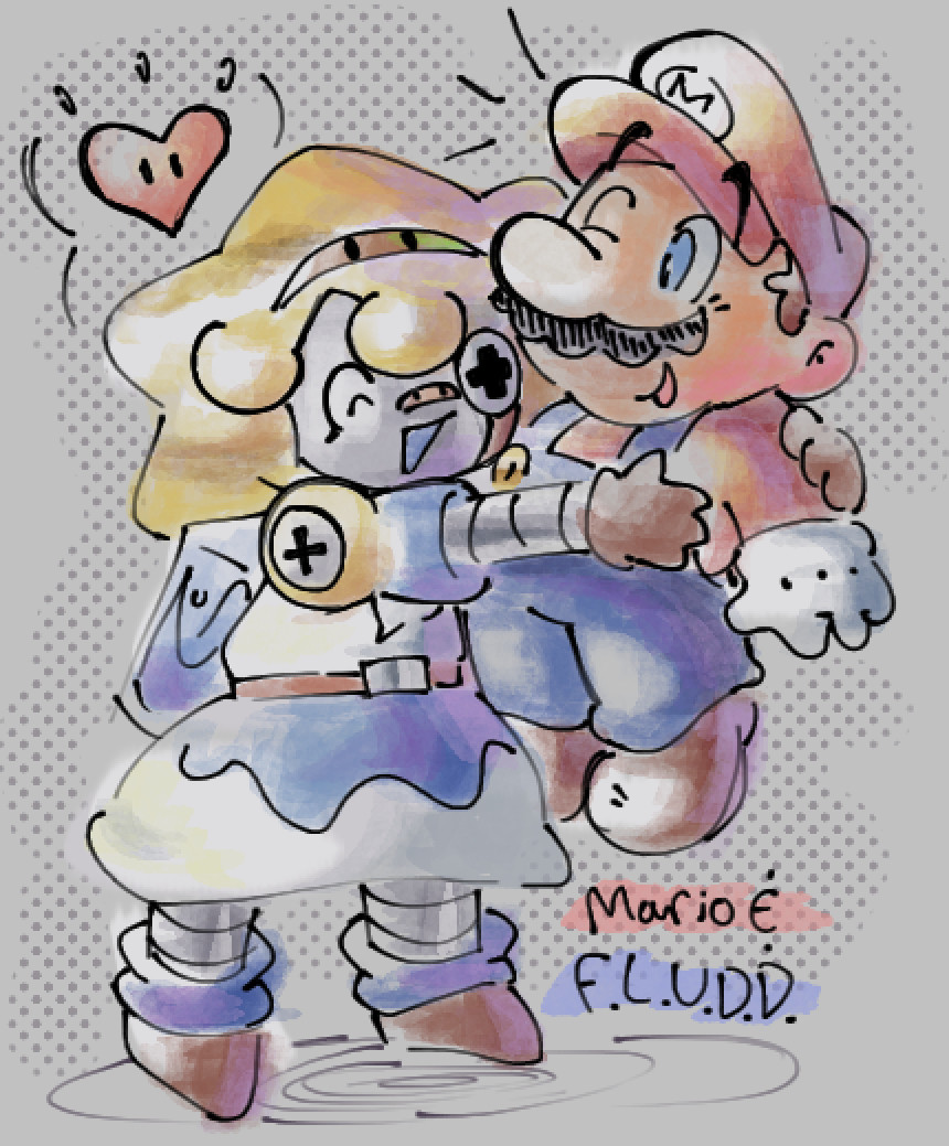 my design of fludd, SHINEE, aka FLUDD 3000 hugging mario because theyre in love and stuff hahahahahahaha <3

she still sounds the exact same as in mario sunshine that voice suits her 