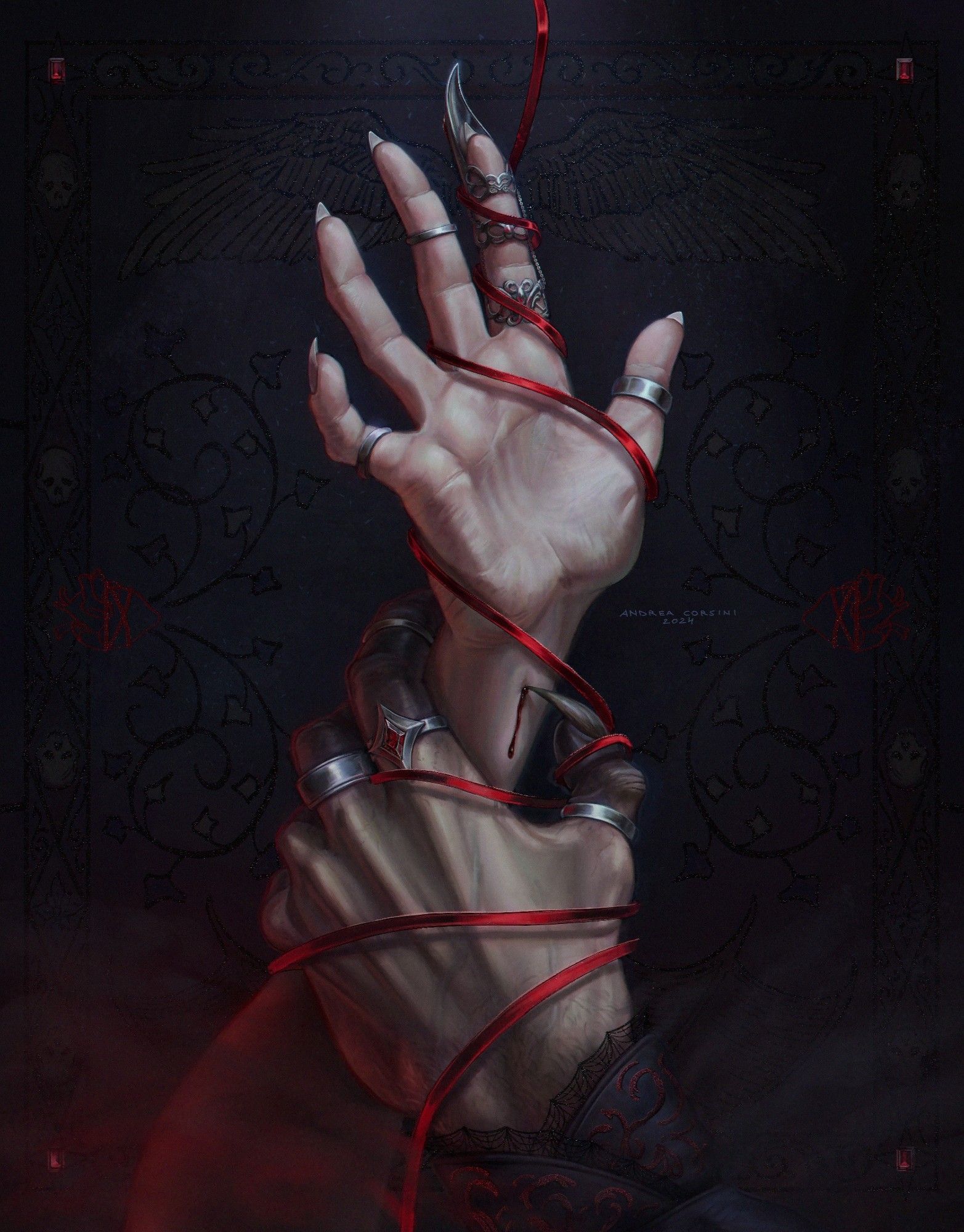 Painting of two hands. Helene's is trying to escape, reaching for the light while Strahd's drags her down towards the fog as he draws some blood with his monstrous claws. A red ribbon flows through the hands  connecting them. 🖤