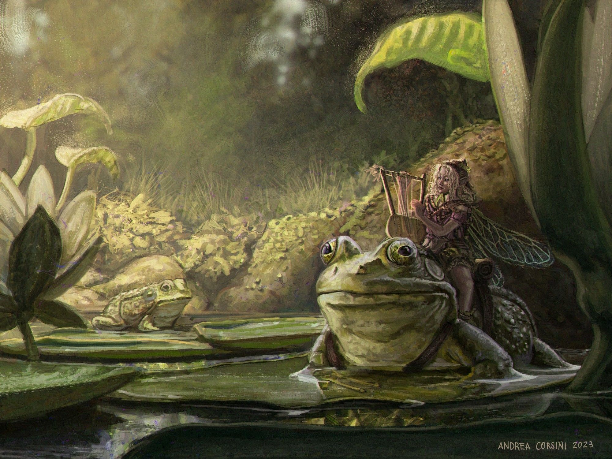 Illustration of a fairy rider on top of her frog while they're playing a lyre. The scene is set in a pond and another curious frog can be seen in the background. 🖤