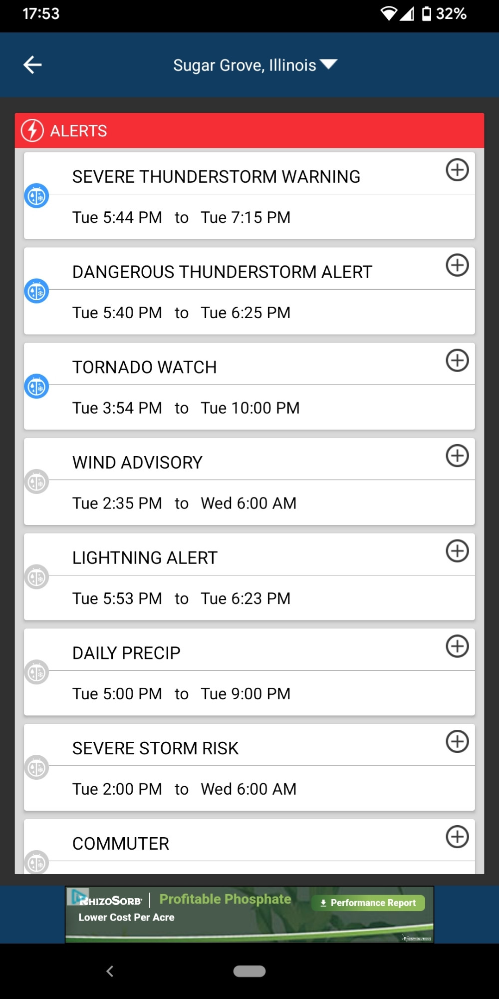 Screenshot of list of warnings watches and notifications from Weatherbig, 8 in total, for Sugar Grove, IL