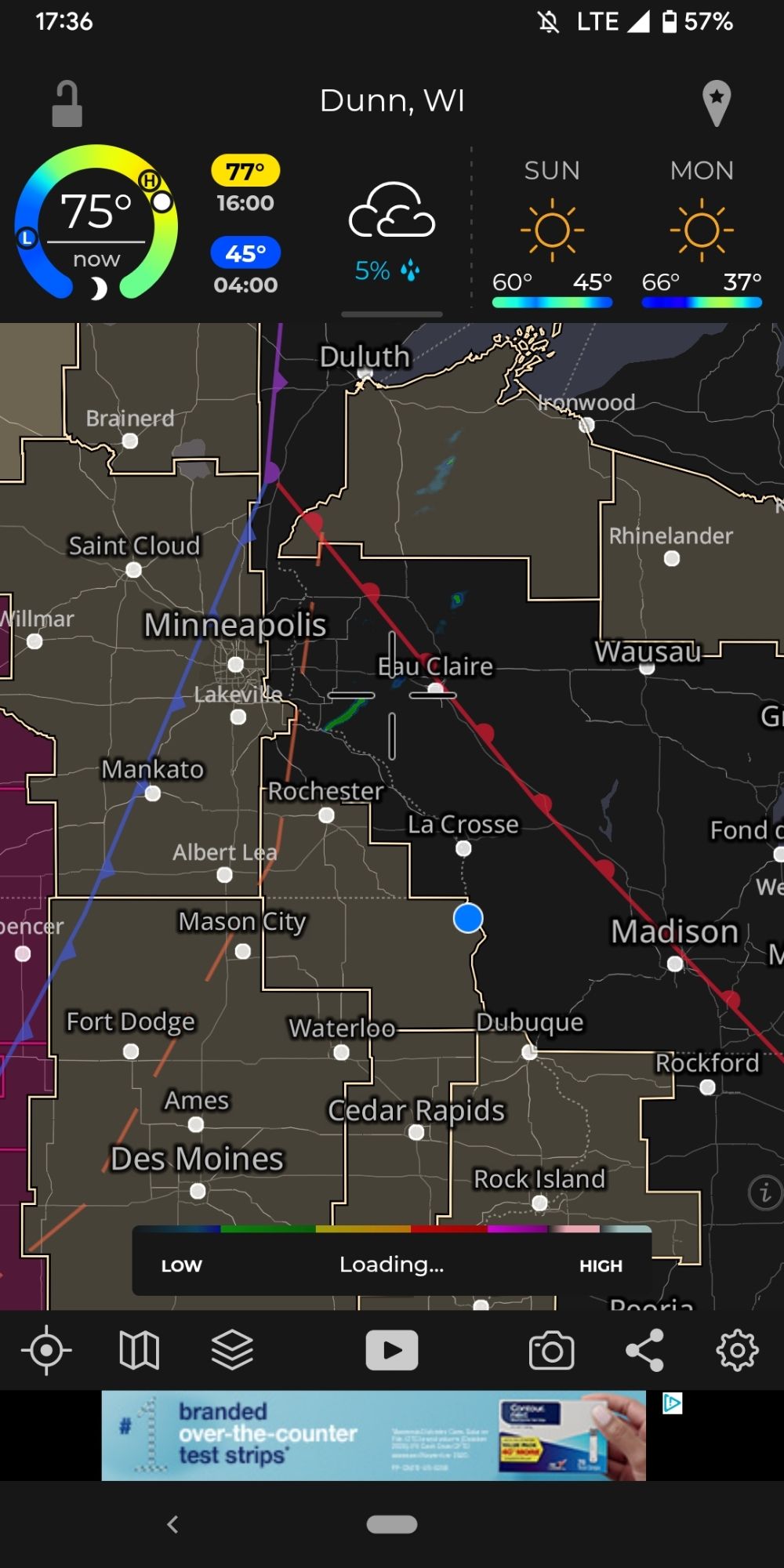 Radar of Midwest, showing cold front from Minneapolis to Lincoln Nebraska, and the warm front from Minneapolis, Eau Claire and Madison, WI