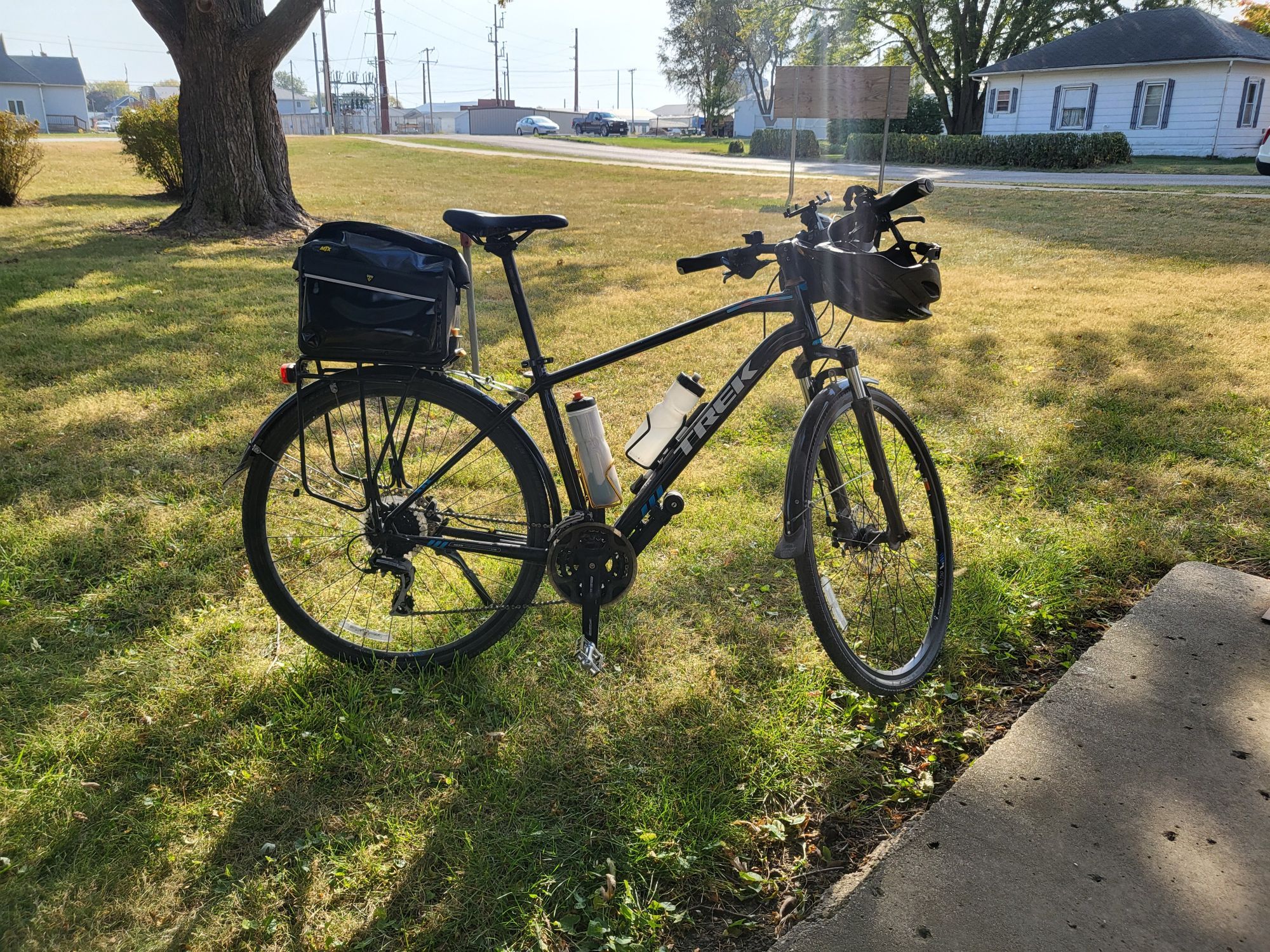 Hybrid bicycle geared up for a long ride