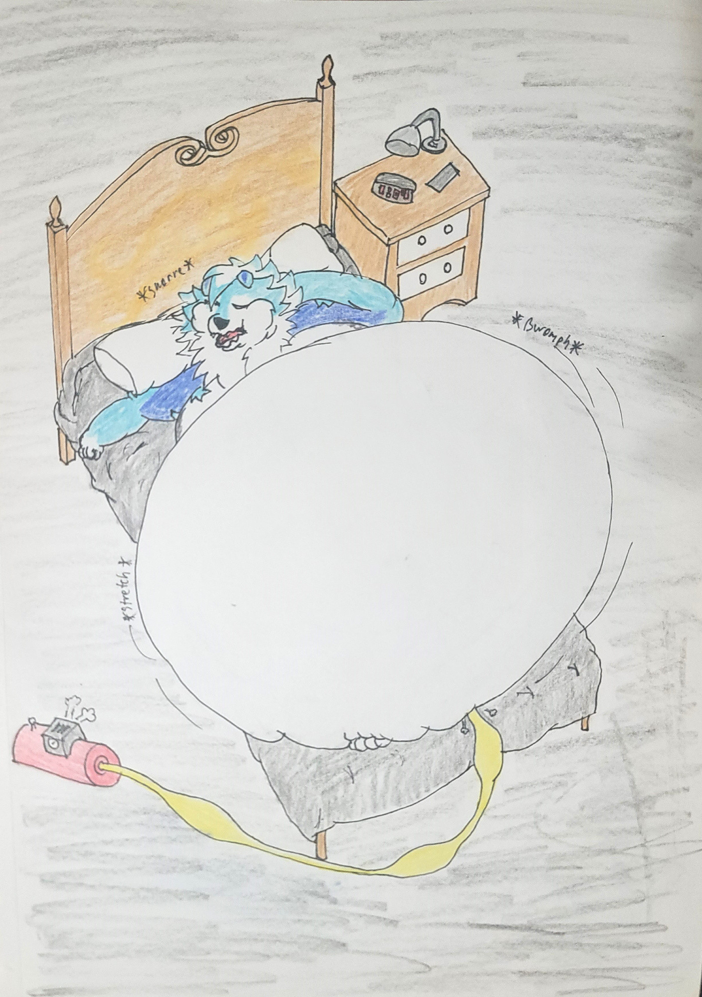 A traditional drawing of my midnight form lycanroc Stratus. He is asleep with a large inflated belly, a hose sticking out from under it, presumably inflating him from his butt. He has yet to wake up, indicated by his snoring. The time on the clock says "1:04".