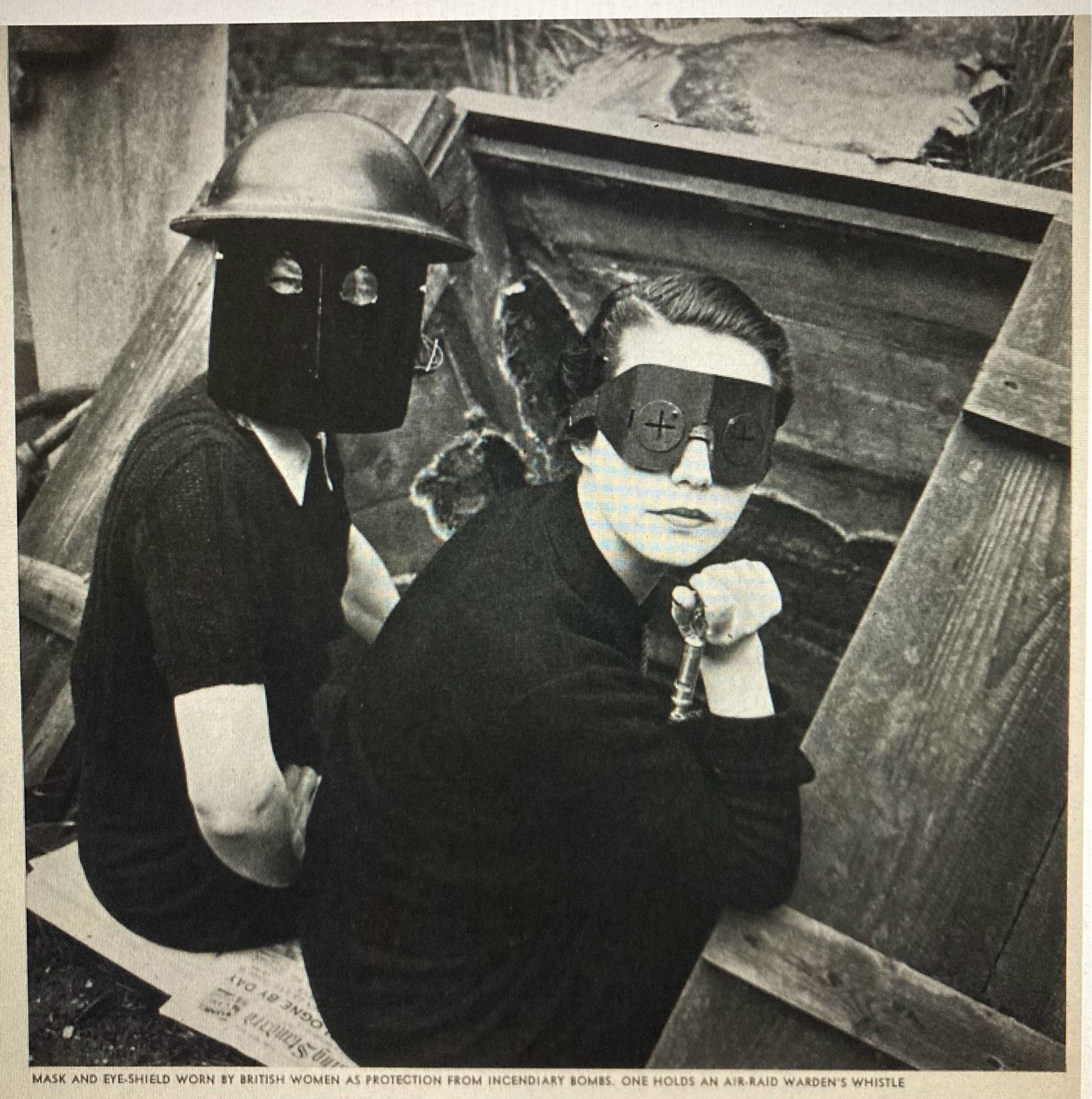 Mask and eye shield worn by women as protection from incendiary bombs.