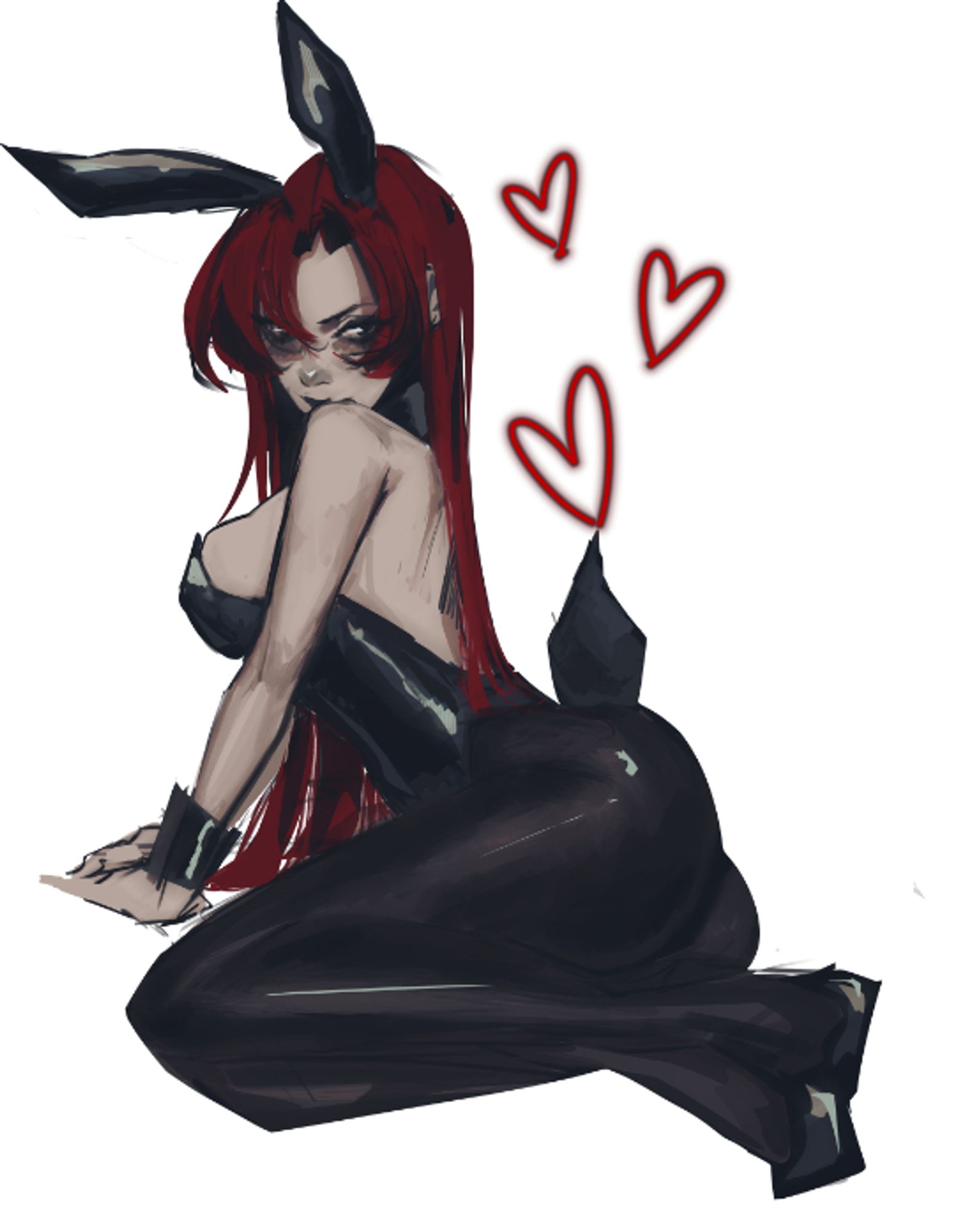 Happy Easter ♥ sketch of a red-headed girl in a black bunny suit, leaning back on her arms showing off her very cute shoes.