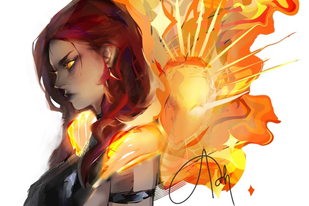 digital painted headshot of a red-haired girl seemingly haunted by a possessive gaseous entity that takes a feminine form and grips its hands on the girl's shoulders. She looks with glowing yellow eyes in the direction of the entity, perhaps annoyed.