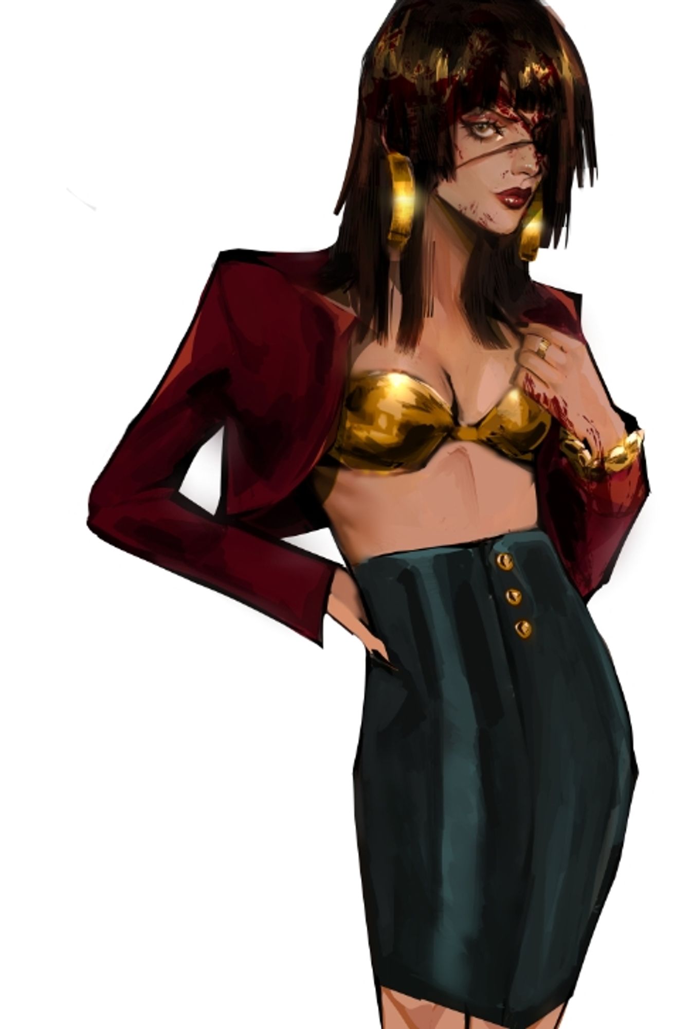 digital painted piece of a model study. She has choppy hair and an eyepatch, a maroon blazer, gold bra, and a deep evergreen skirt.