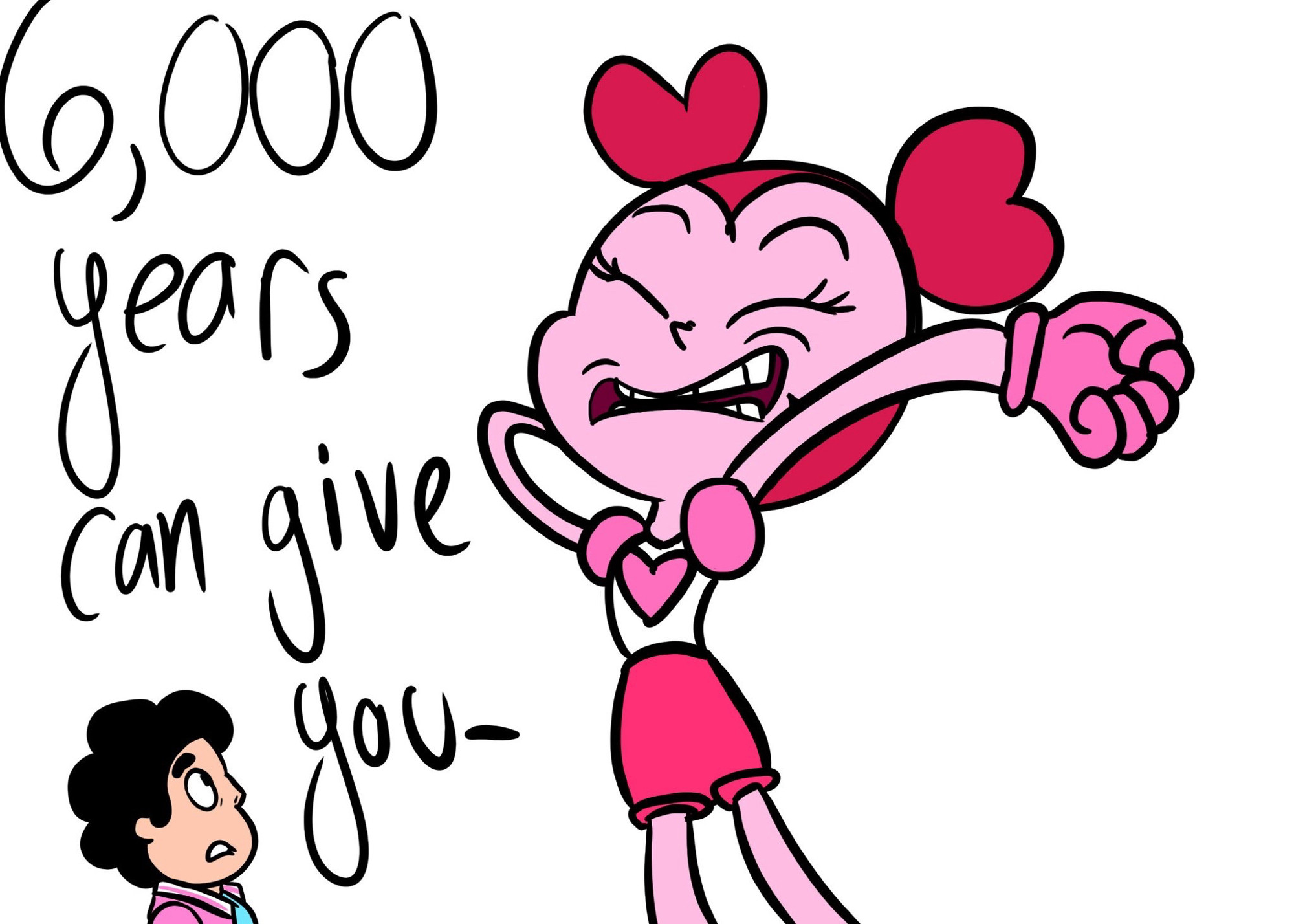 Spinel stretching over Steven Universe, making herself huge to exaggerate her stretching. She is saying "6,000 years can give you-" (next post)