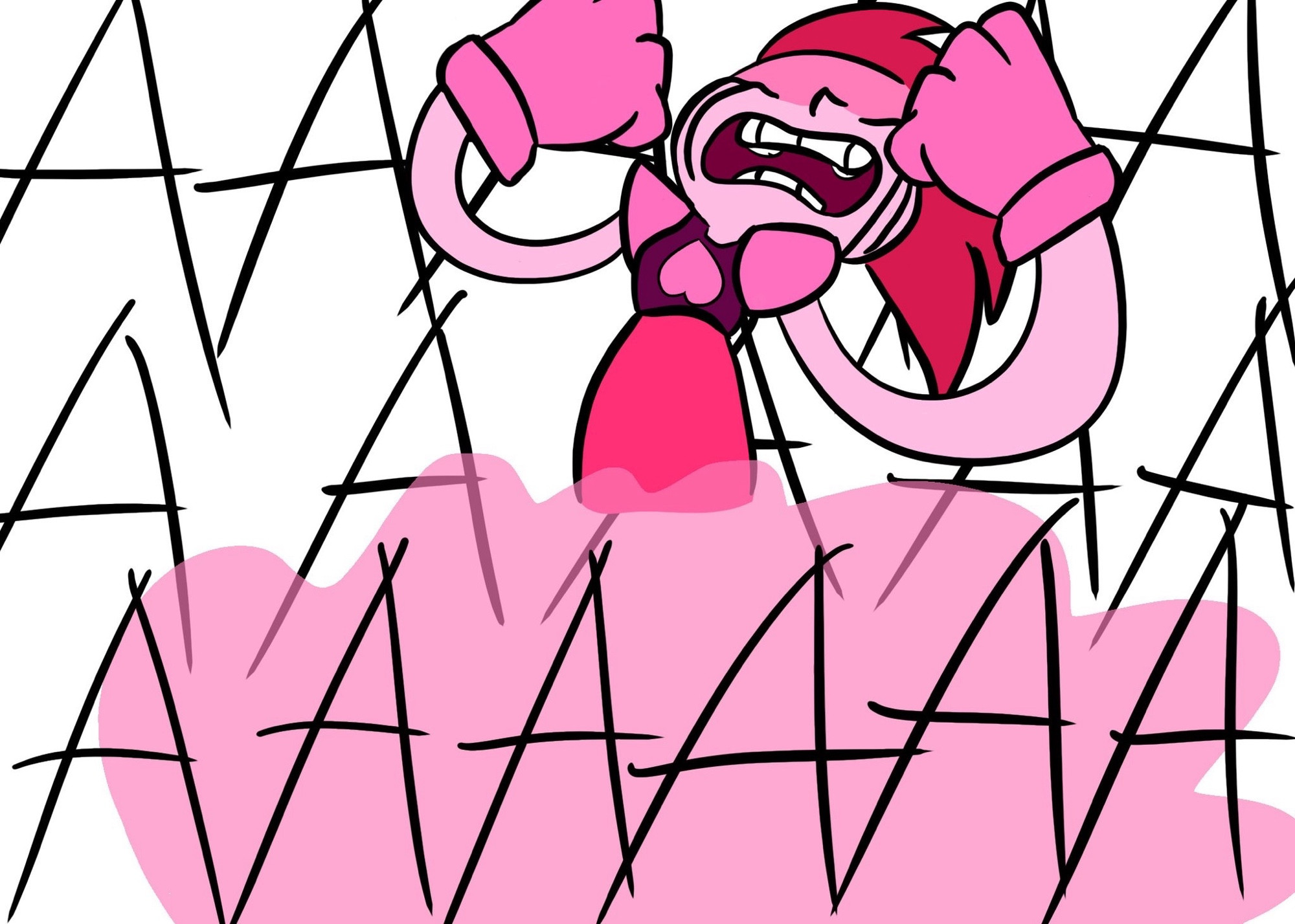 Spinel from the Steven Universe Movie, reforming after having been poofed by Steven. She is yelling.