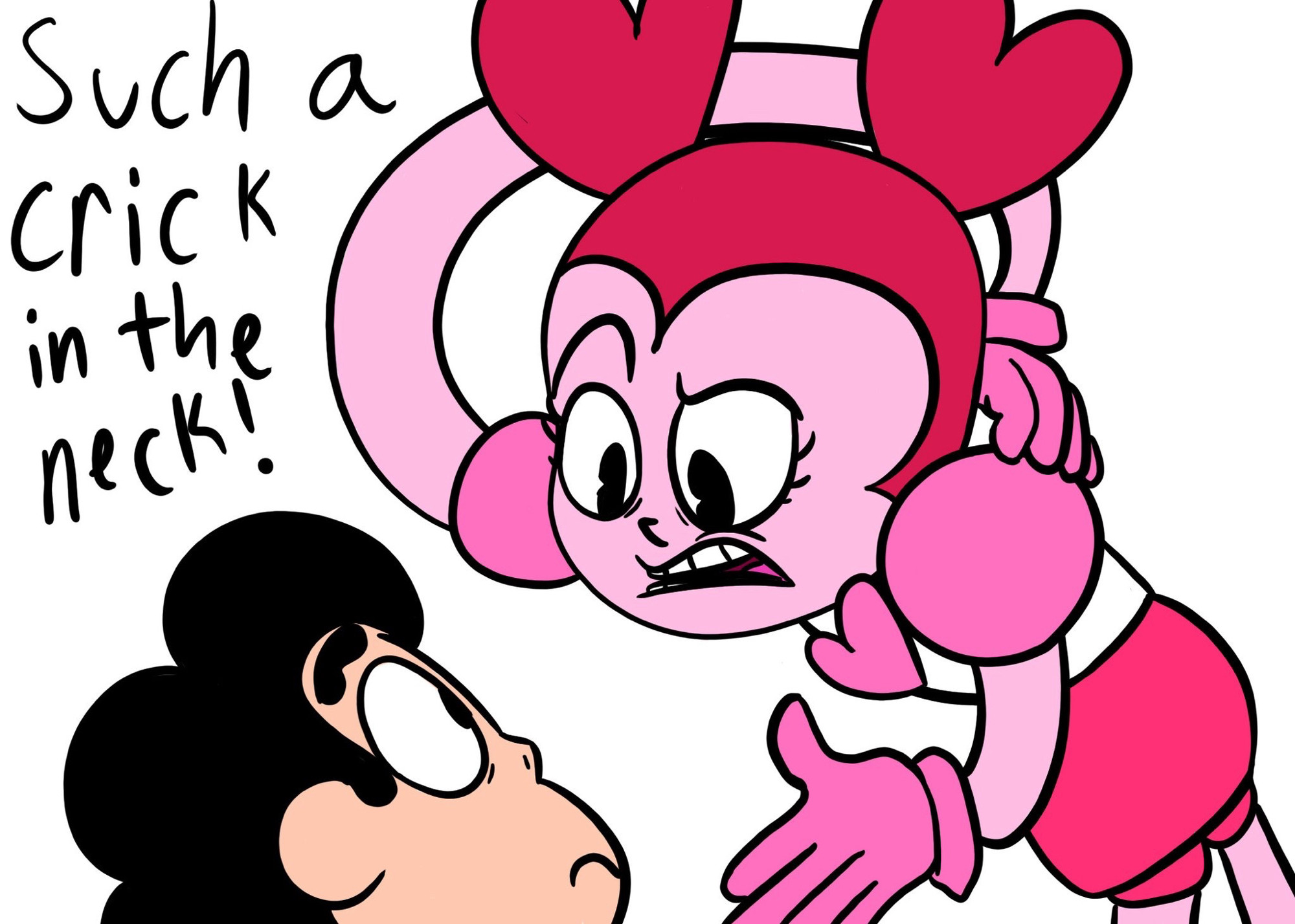 (continued) "such a crick in the neck!" Spinel now back to normal size, stretching over Steven Universe while continuing to hold her neck/back.