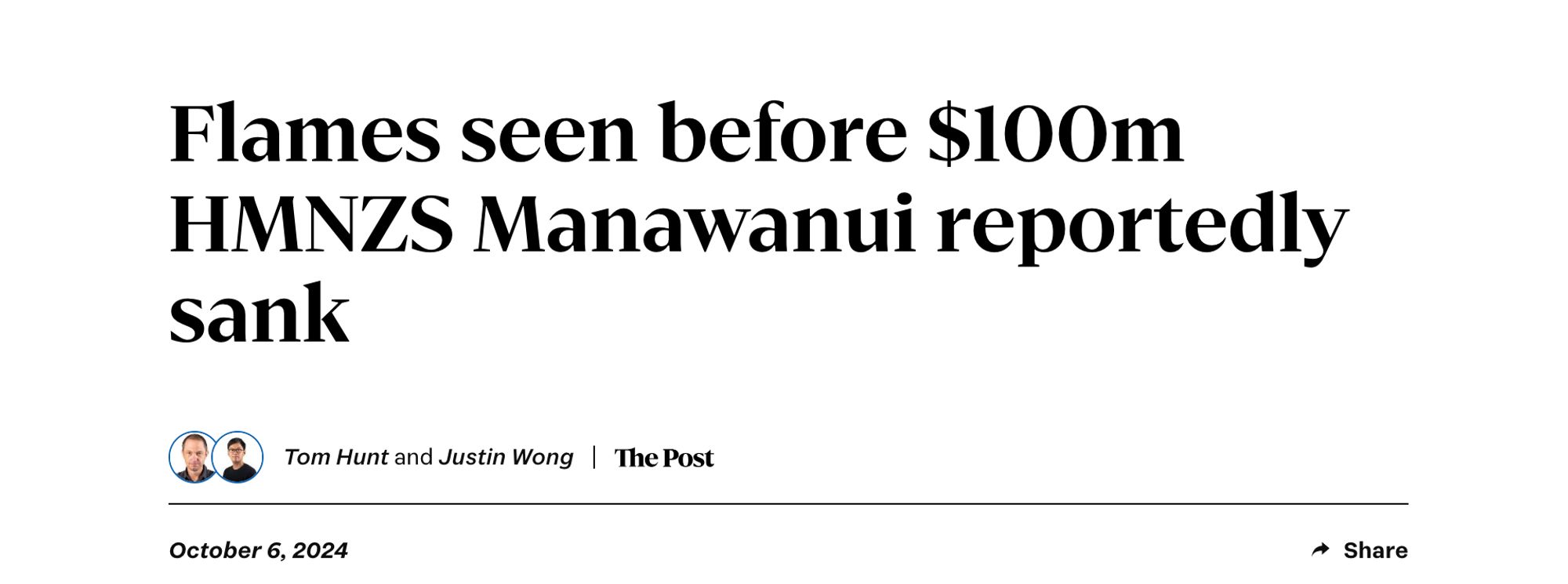 Snippet of headline from The Post on Stuff.co.nz: “Flames seen before $100m HMNZS Manawanui reportedly sank”