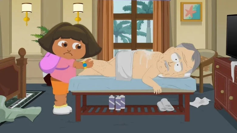 Dora the Explorer massaging Alan Dershowitz.