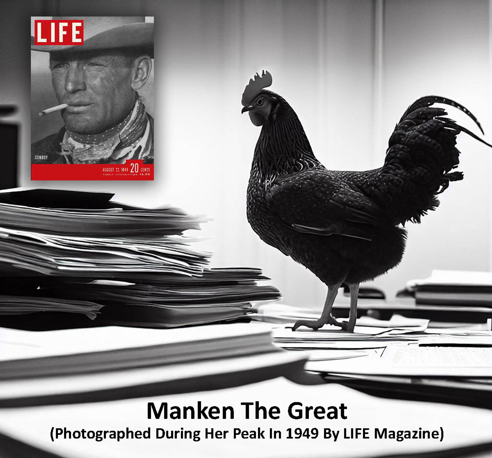 Photo of 'Manken the Great' from LIFE Magazine in 1949 after picking several hit movie scripts in a row. In 1952, Manken luck ran out and she was fired (and eaten) by Manka Bros. Studios head Harry Manka - June 16, 1952.