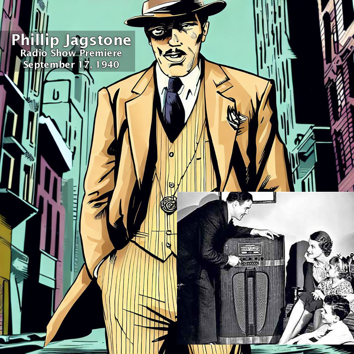 Image of MC Comics' 'Philip Jagstone' which had its Radio Show Premier on September 17, 1940 with an inset image of a family listneing to the radio.