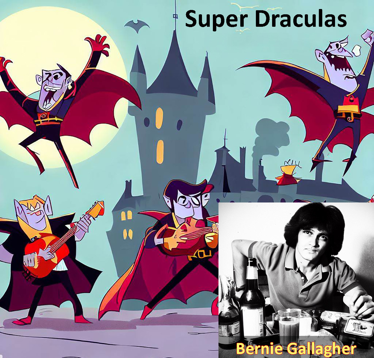 Image of 'Super Draculas' from the 1970s and voice actor Bernie Gallagher - who died trying to fly like a bat at a Dayton, Ohio, AnimationCon.