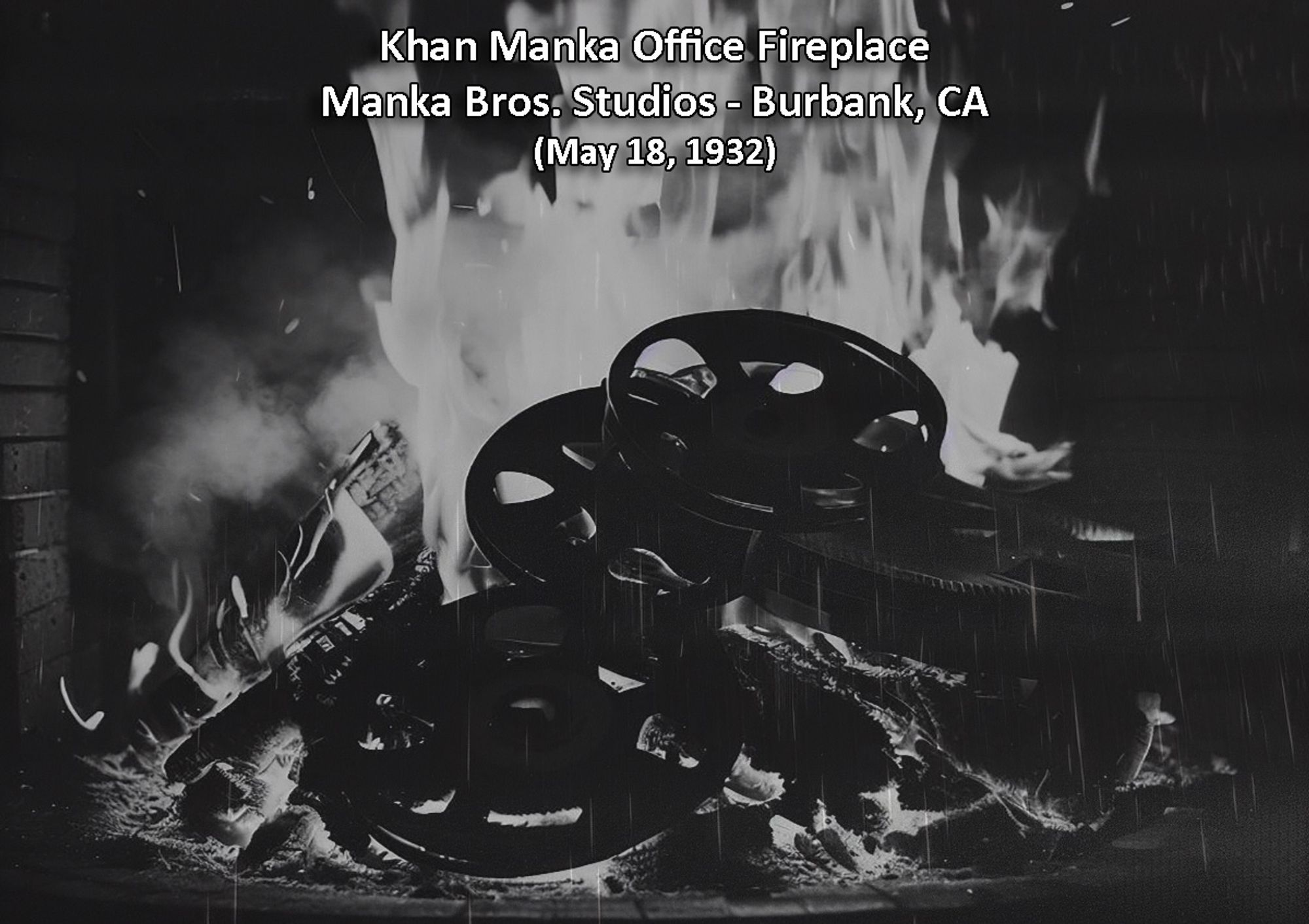 Photo of film reels burning in Khan Manka's office at Manka Bros. Studios in Burbank, CA - May 18, 1932