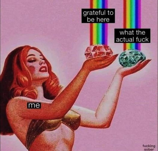 a meme featuring an old vintage painting of a woman with her arms outstretched and palsm facing upwards with giant gemstones on top with rainbows shooting out of them, the word ME is on top of the woman, with the phrase GRATEFUL TO BE HERE above one hand and the phrase WHAT THE ACTUAL FUCK above the other hand