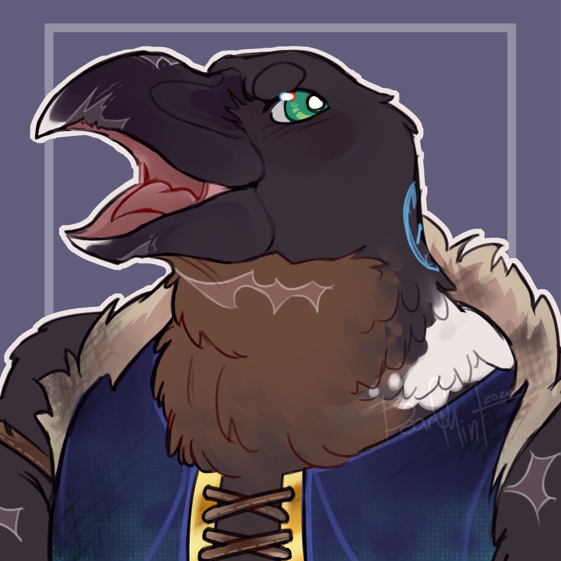 A dungeons and dragons character, a Kenku bird based on the "white necked raven", he has a wide beak, dark brown chin with a dark blue vest with minial gold details along side multiple scaring across his feathery body.