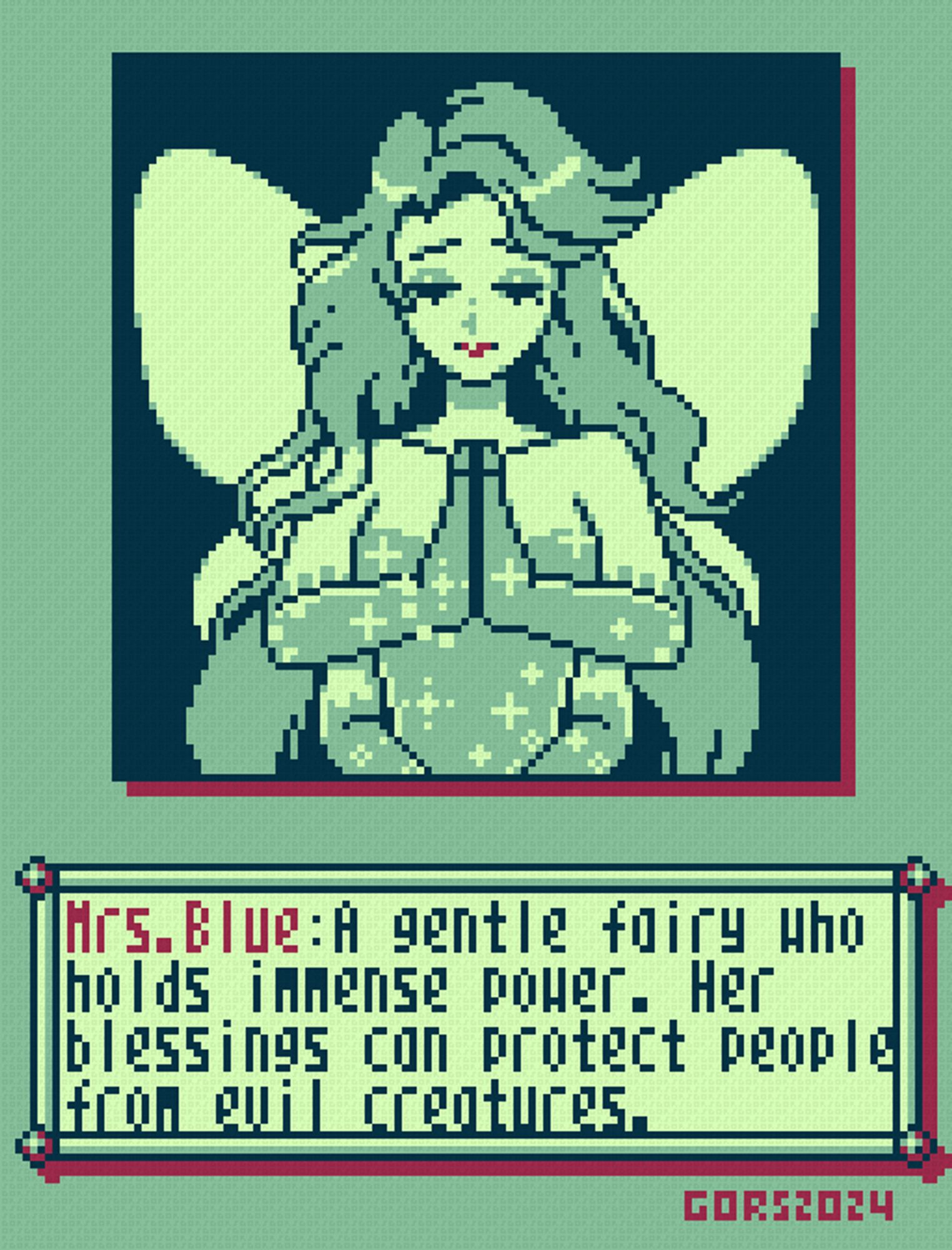 Pixel art of a four-armed fairy with butterfly wings. She is in praying position. The textbox says "Mrs. Blue: A gentle fairy who holds immense power. Her blessings can protect people from evil creatures."