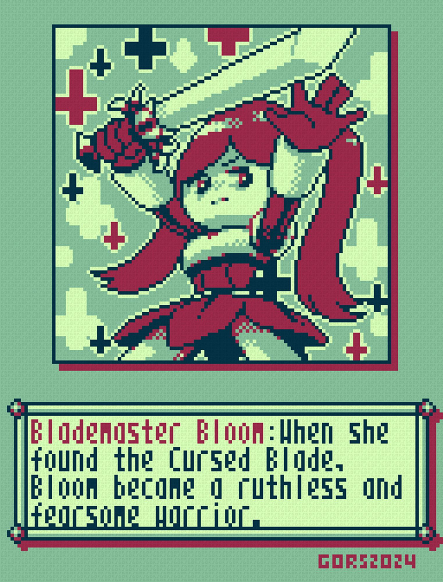 Pixel art of a robot girl with red hair in twin tails, holding a cursed sword with an eye and fangs on the hilt. The textbox says "Blademaster Bloom: When she found the Cursed Blade, Bloom became a ruthless and fearsome warrior."