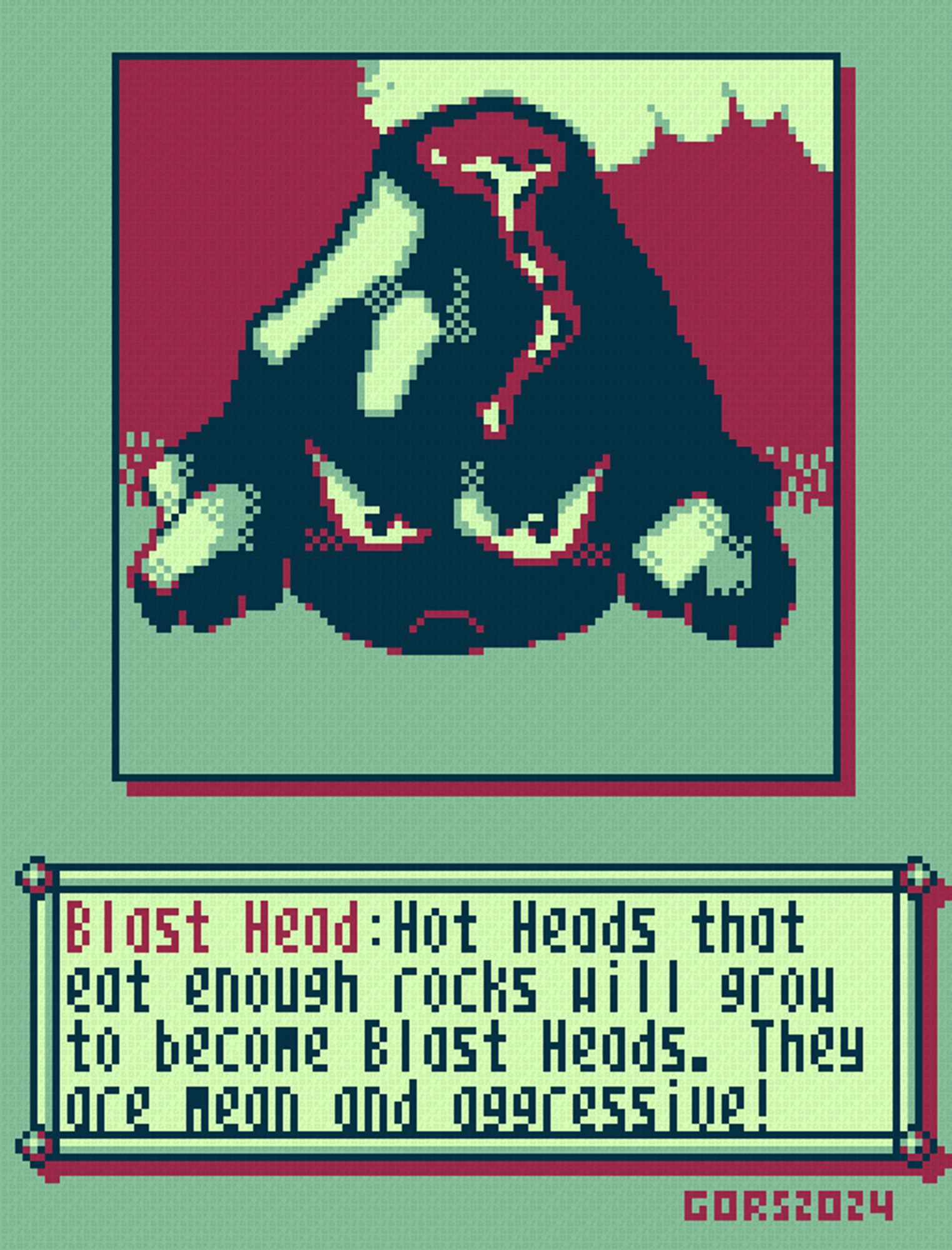 Pixel art of a volcano creature, visibly angry and with fists in front of its face. Plumes of smoke is coming from the volcanic crater on top of its head. The textbox says "Blast Head: Hot Heads that eat enough rocks will grow to become Blast Heads. They are mean and aggressive!"