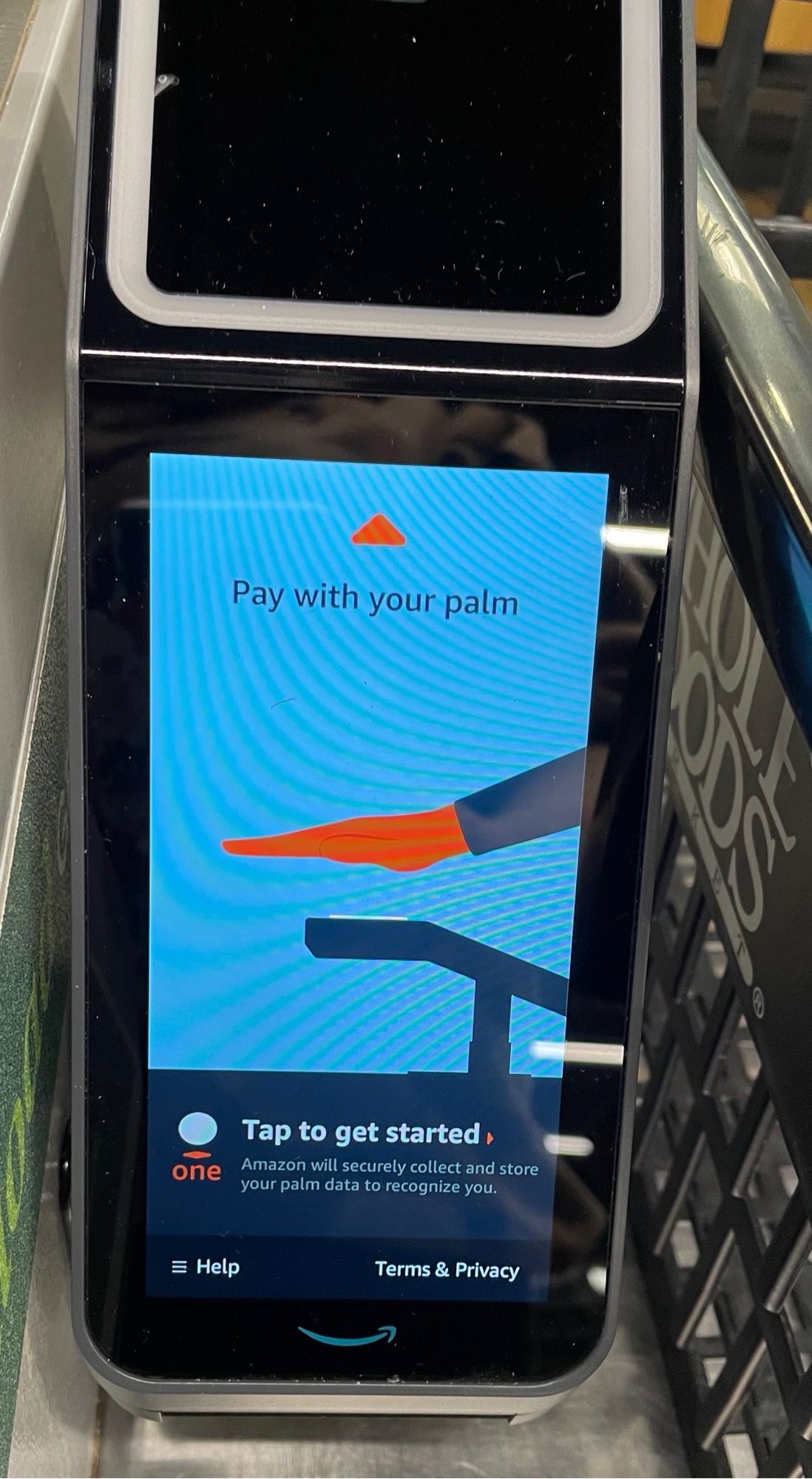 A photo of a screen with a palm read attached to it at a Whole Foods self-checkout. The screen is blue and says “Pay with your palm0 and has a cartoon illustration of a hand and arm reaching out to the reader. Other text at the bottom reads:

 “Tap to get started

Amazon will securely collect and store your palm data to recognize you

= Help

Terms & Privacy”