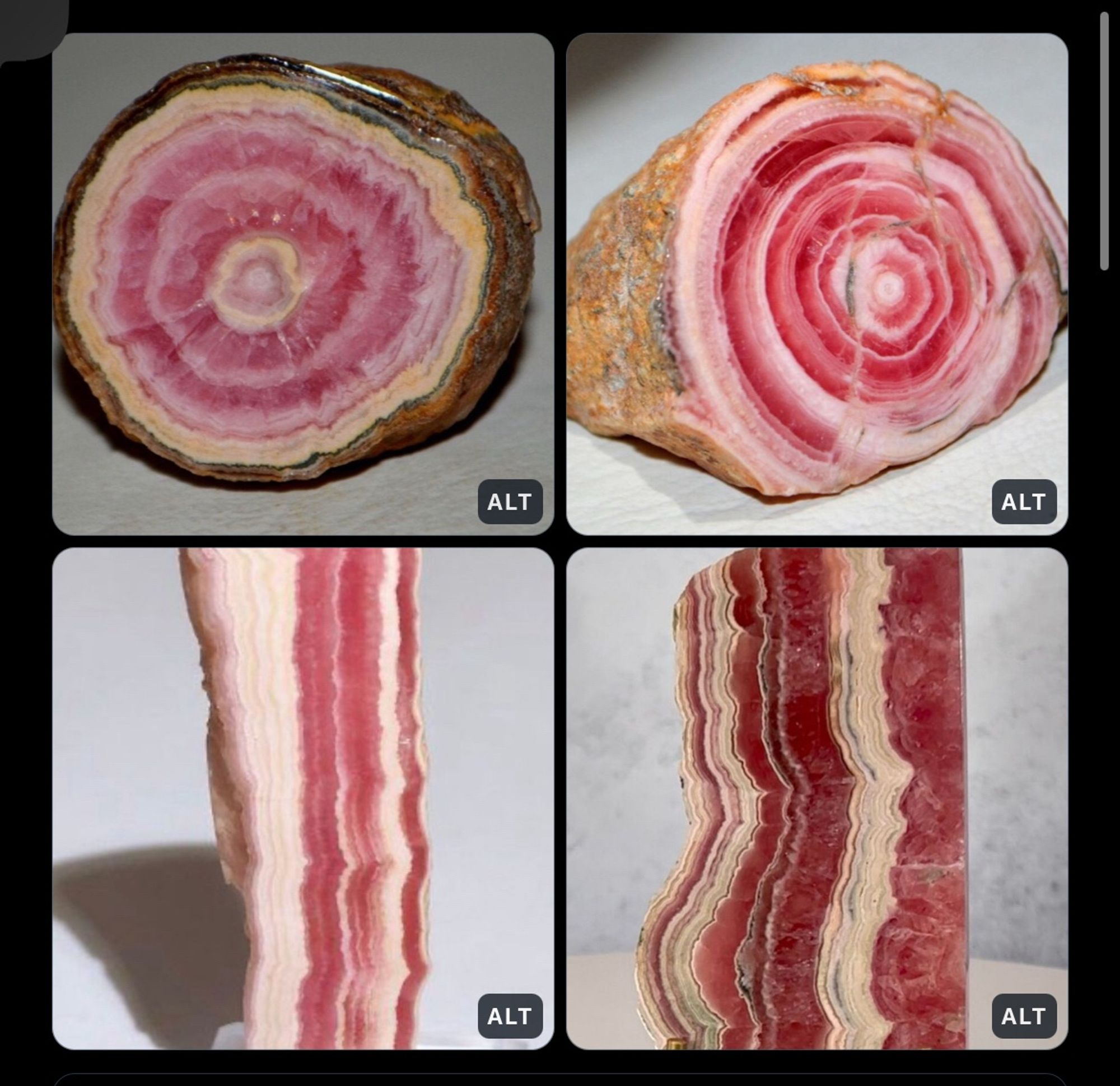 A four-panel photo series of rhodochrosite. Two looks exactly like cross sections of round ham and two look *exactly* like slices of bacon.