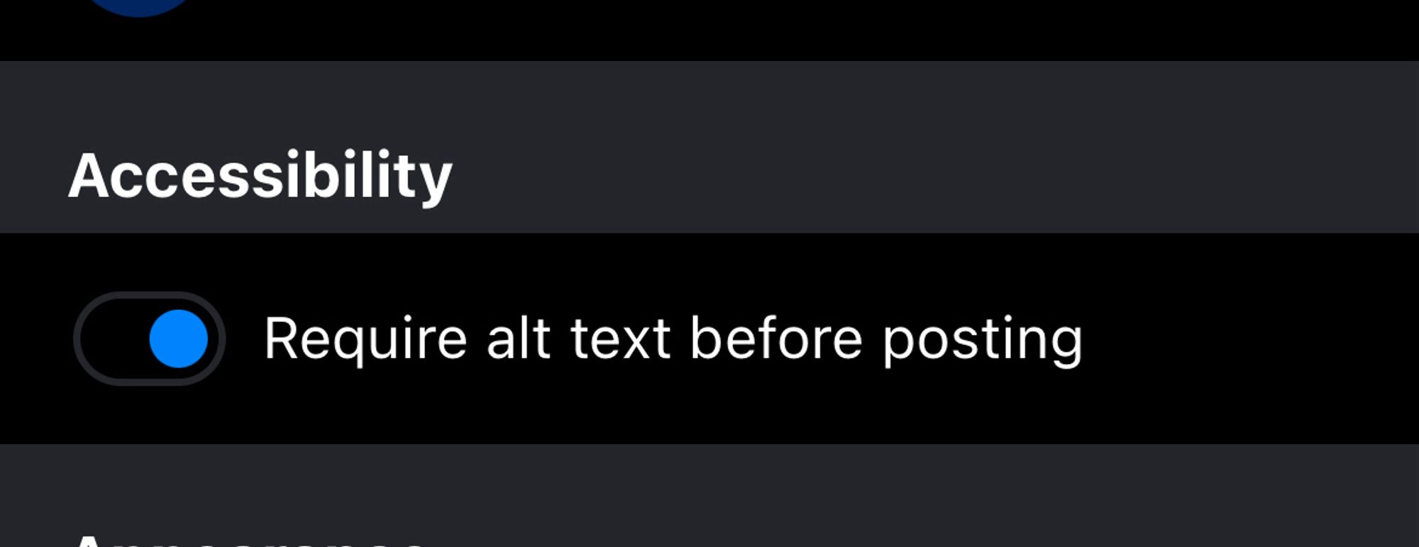 Image of the Settings tab Accessibility option with “Require alt text before posting” turned on