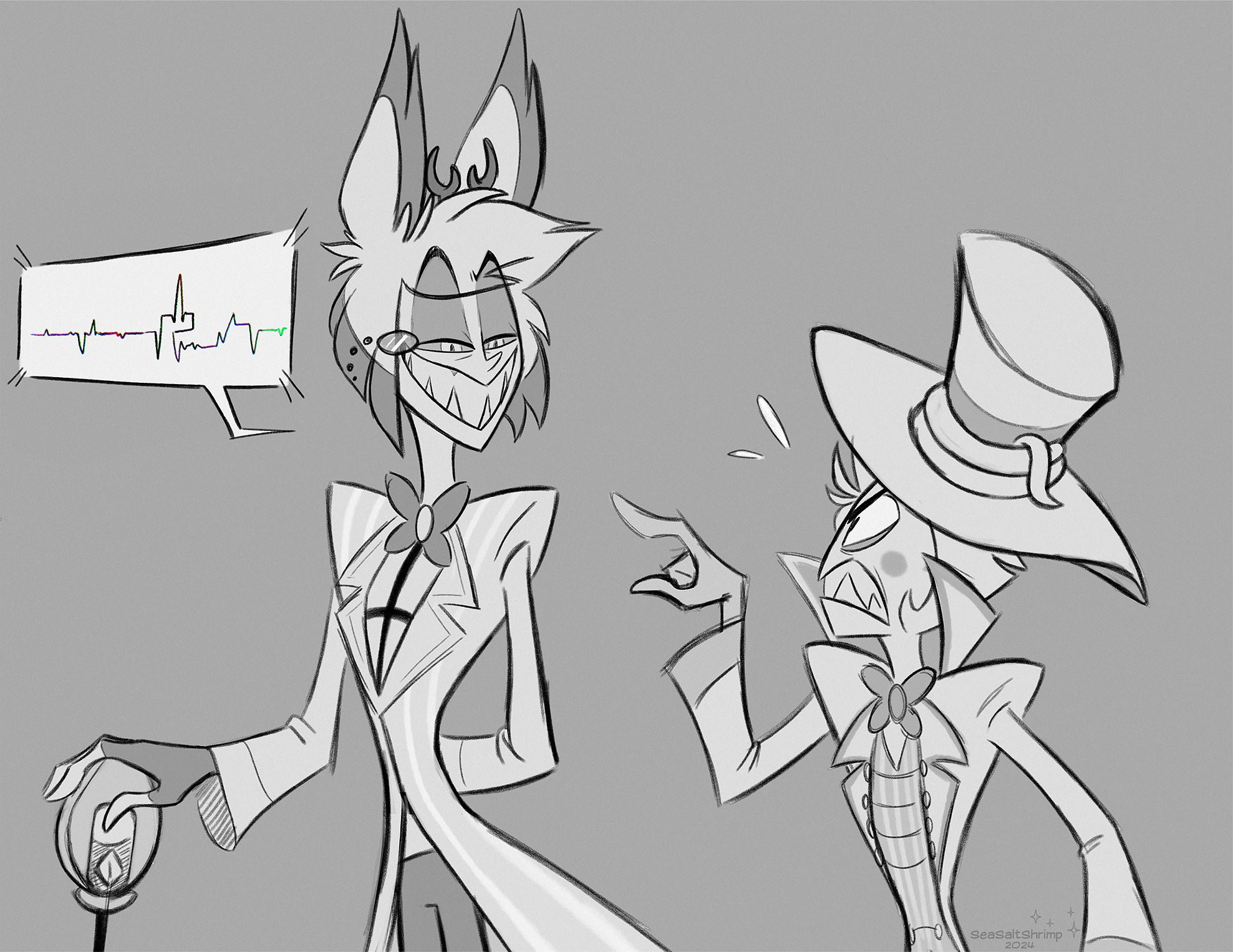 Greyscale sketch of Alastor and Lucifer from Hazbin Hotel. The latter is pointing offendedly at Alastor, reacting to something the other just did or said. Alastor is looking at him and sporting his usual wide smile, eye expression can read either mischief or disdain towards Lucifer. A speech bubble attached to him shows a radio frequency signal, comically shaped like a middle finger.