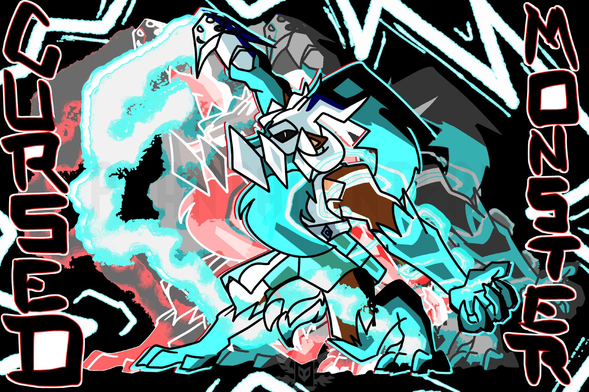 Saturated digital art illustration featuring the protagonist from "Howl's Song", Vortex the Werewolf. She is swinging her sentient shovel-axe, Axle, with bright turqouise lightning following the motion. She is looking at the viewer with white slitted eyes. She has brown fur with teal "hair" at the ends of her arms and legs. Her form is repeated on the left and right with respective red and dark blue aberrations. On the left, "CURSED" is written in black with red/white outlining. On the right, "MONSTER" has the same pattern.