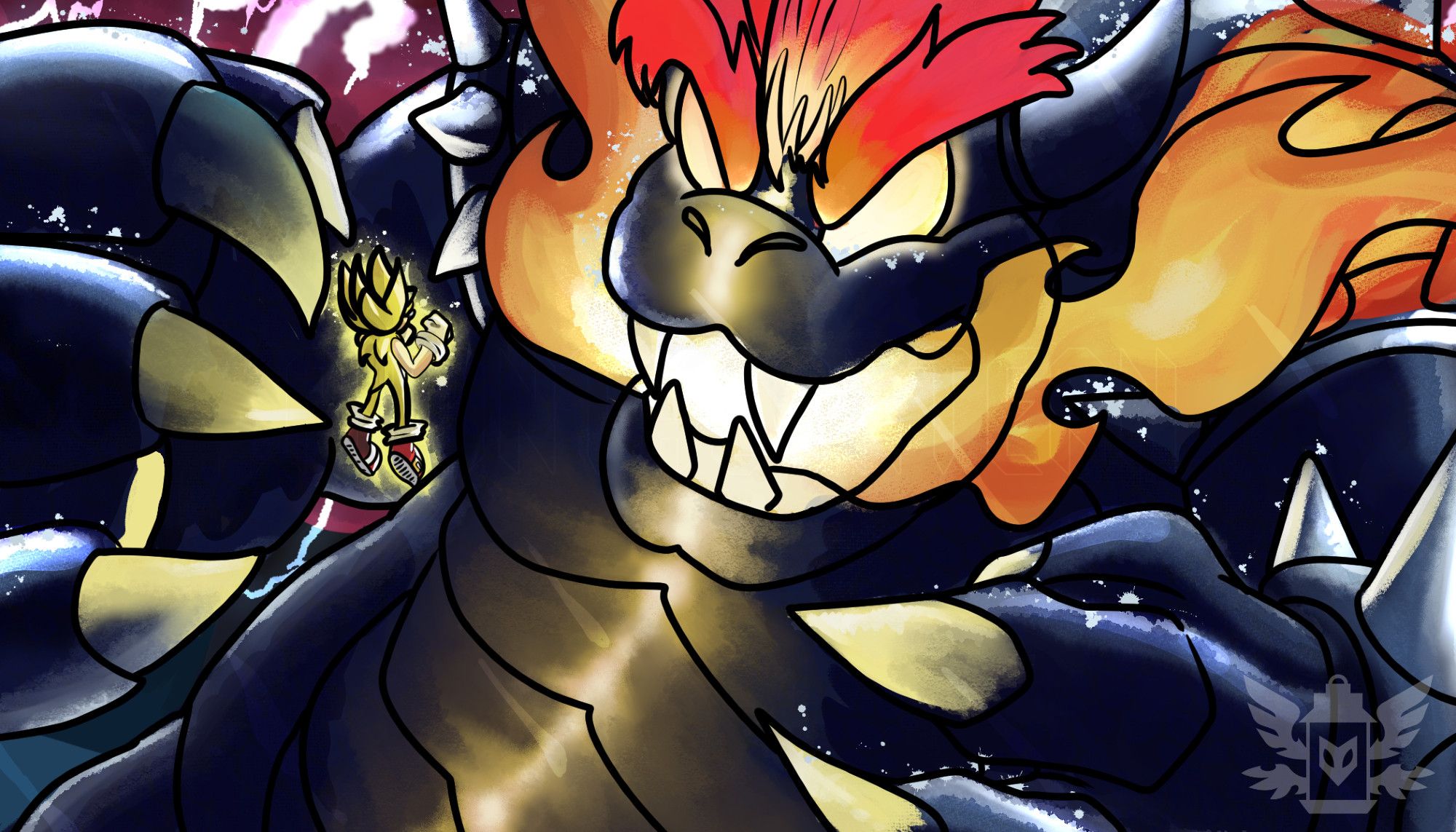 Corrupted Bowser from the "Bowser's Fury" DLC for "Super Mario 3D World" with billowing red flames erupting from the sides of his mouth. His clawed hands are coming towards Sonic from "Sonic the Hedgehog" in his Super Sonic form. It is inspired by the "Sonic Frontiers" boss battles, as Sonic is preparing to parry his attack.