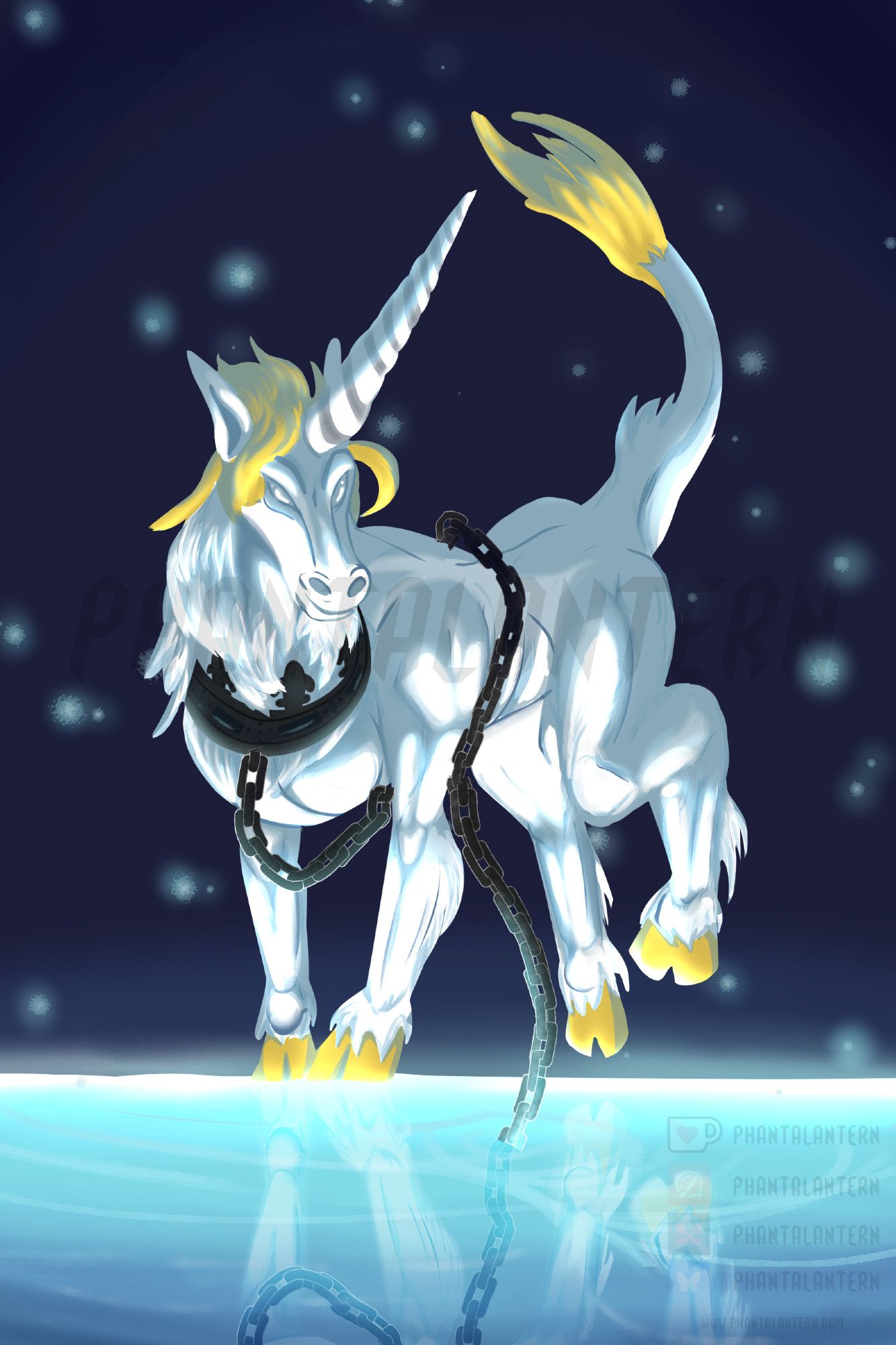 A Scottish unicorn gently rests on a body of water as if it were solid ground. It is white with a yellow mane, lion's tail and cleft hooves. it has a large horn, and is wearing a metal collar. There is a black chain holstering it downwards to the water. There is an ethereal glow on the horizon of the water with the unicorn's reflection. Soft bluish speckles of light surround its form on a navy blue background. OP's watermark is translucent overlapping the unicorn.