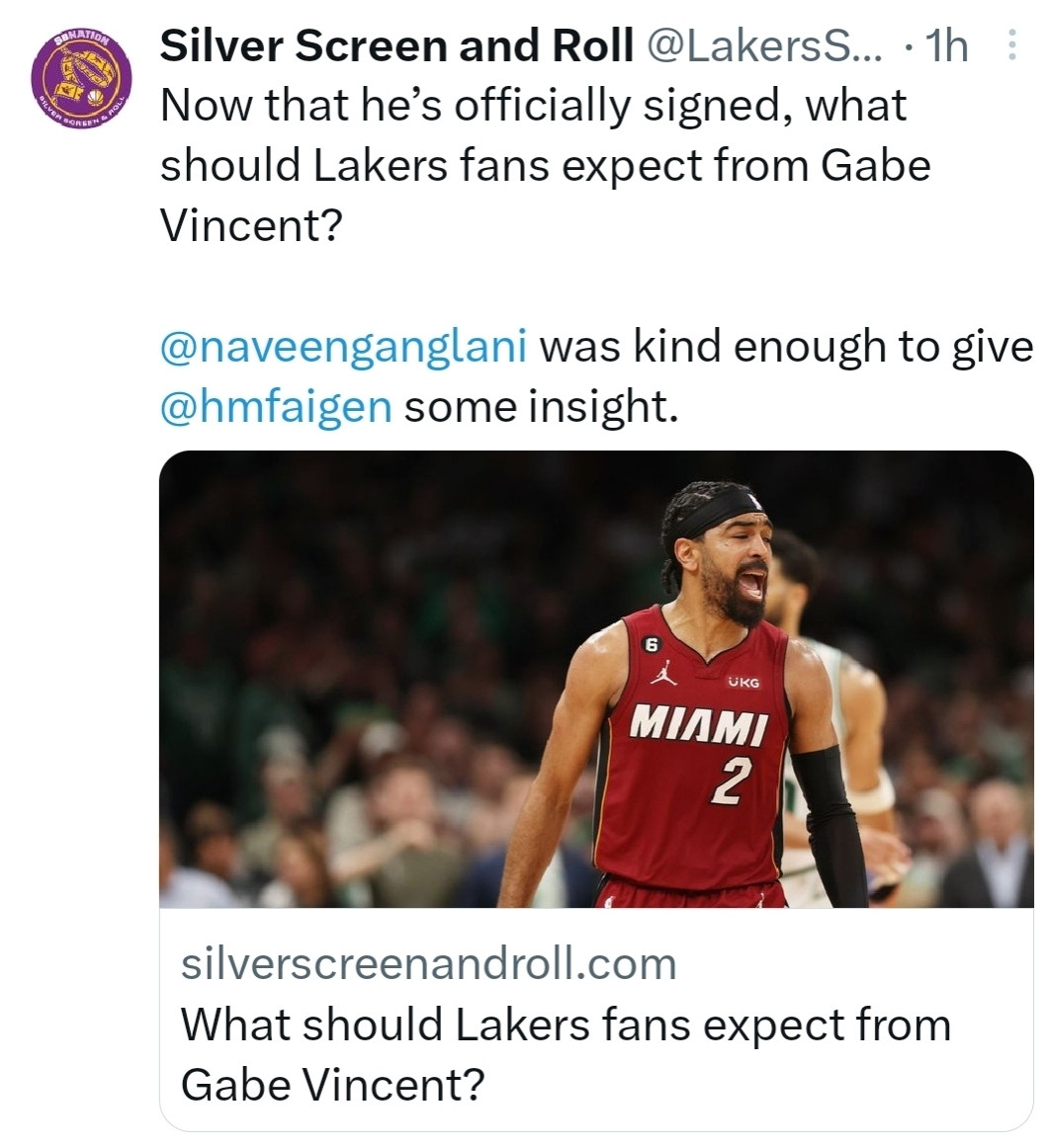 Silver Screen and Roll asks on Twitter "Now that he's officially signed, what should Lakers fans expect from Gabe Vincent?"