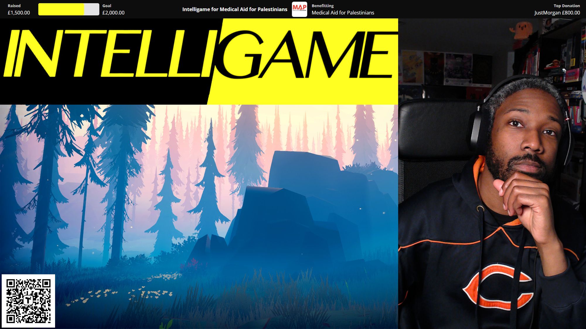 A screenshot of Josh on stream, wearing a Chicago Bears hoodie. In the upper left-hand corner is a large version of the Intelligame logo in black and yellow, and in thelower-left is a shaded forest from the game Among Trees. Across the top of the screen runs the fundraising banner for Medical Aid for Palestinians.