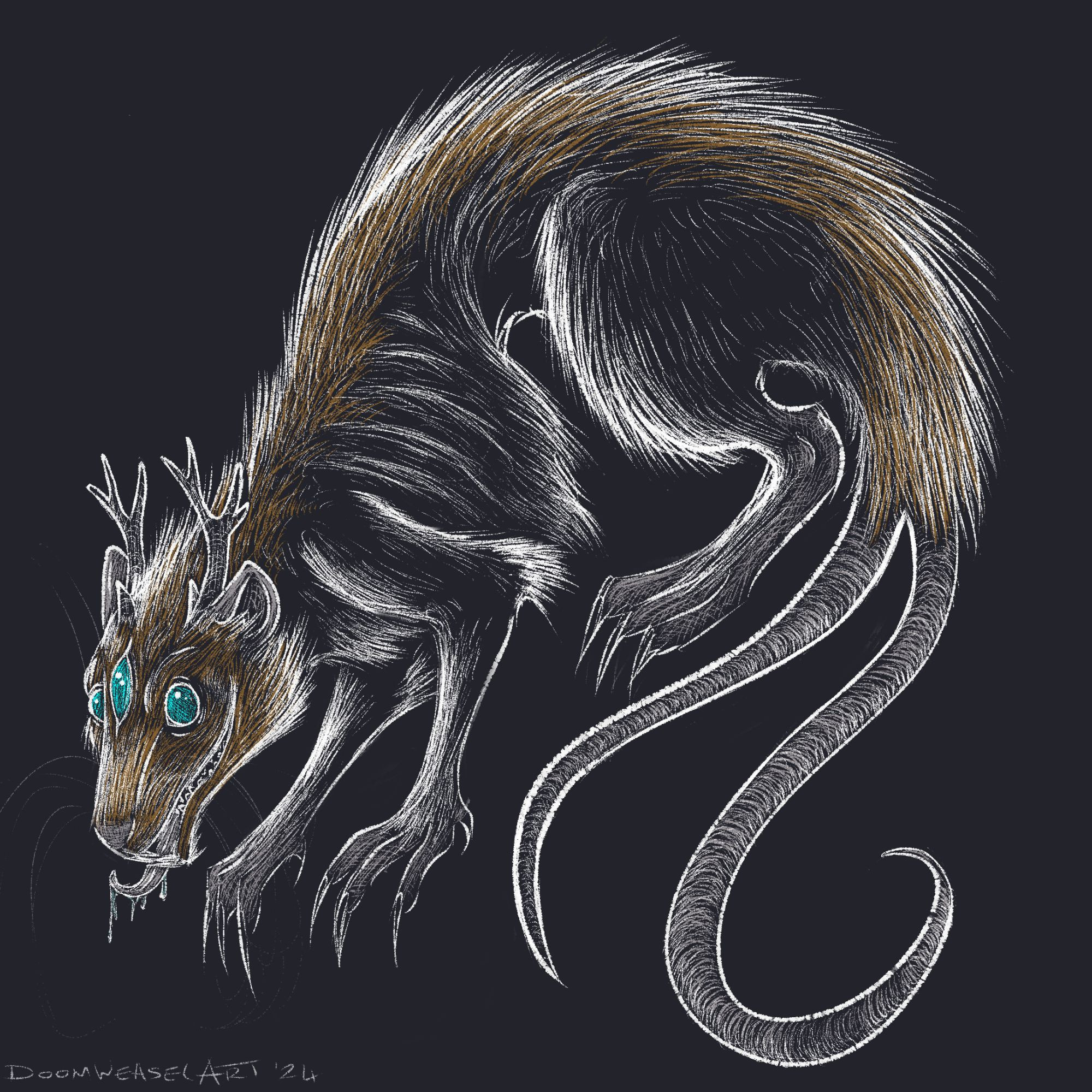 Dark stylized digital illustration of a ginger hooded mutant rat with 3 blue eyes, antlers and 2 tails 