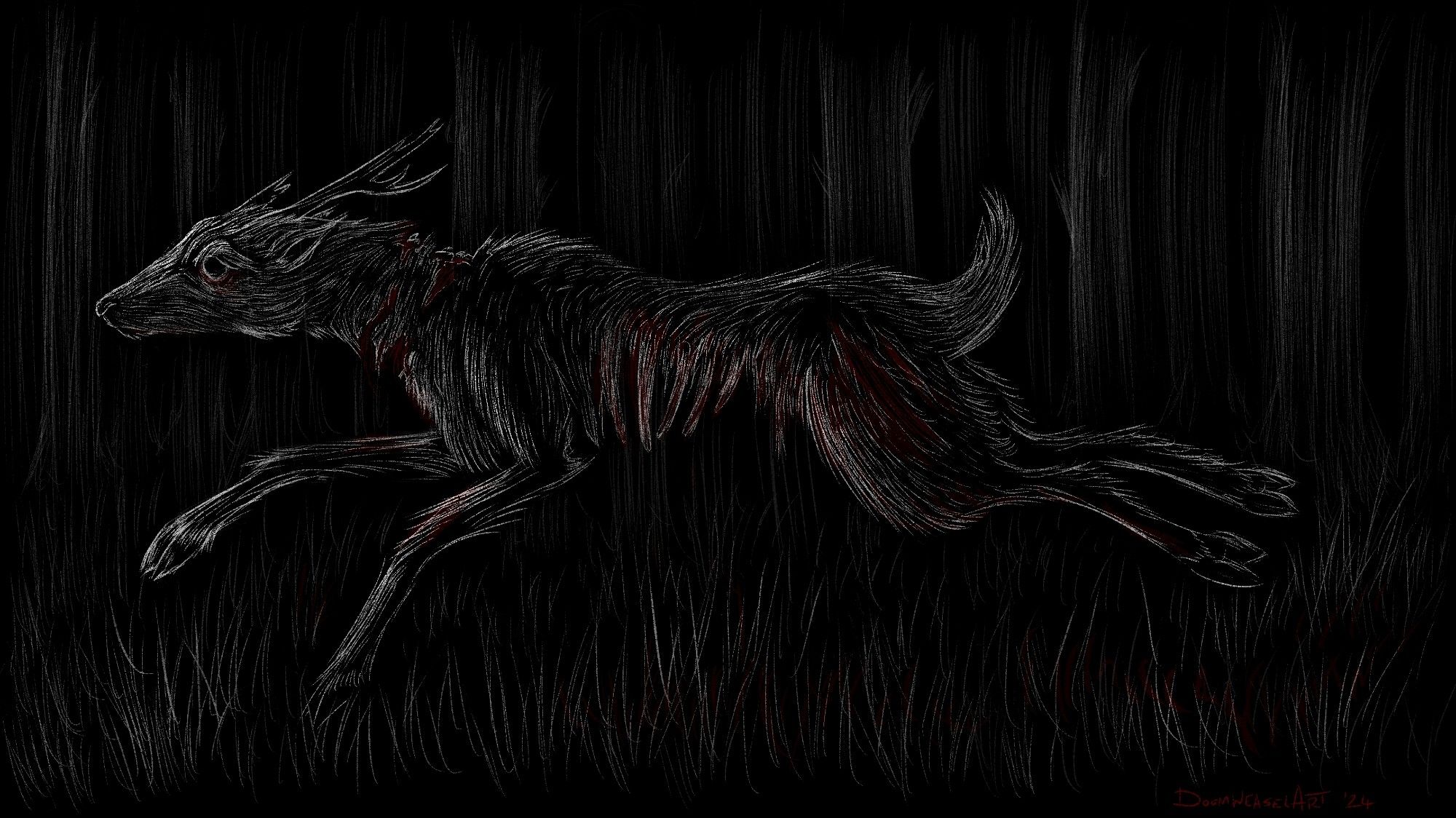 Black and white digital illustration of an undead deer running through a dark forest