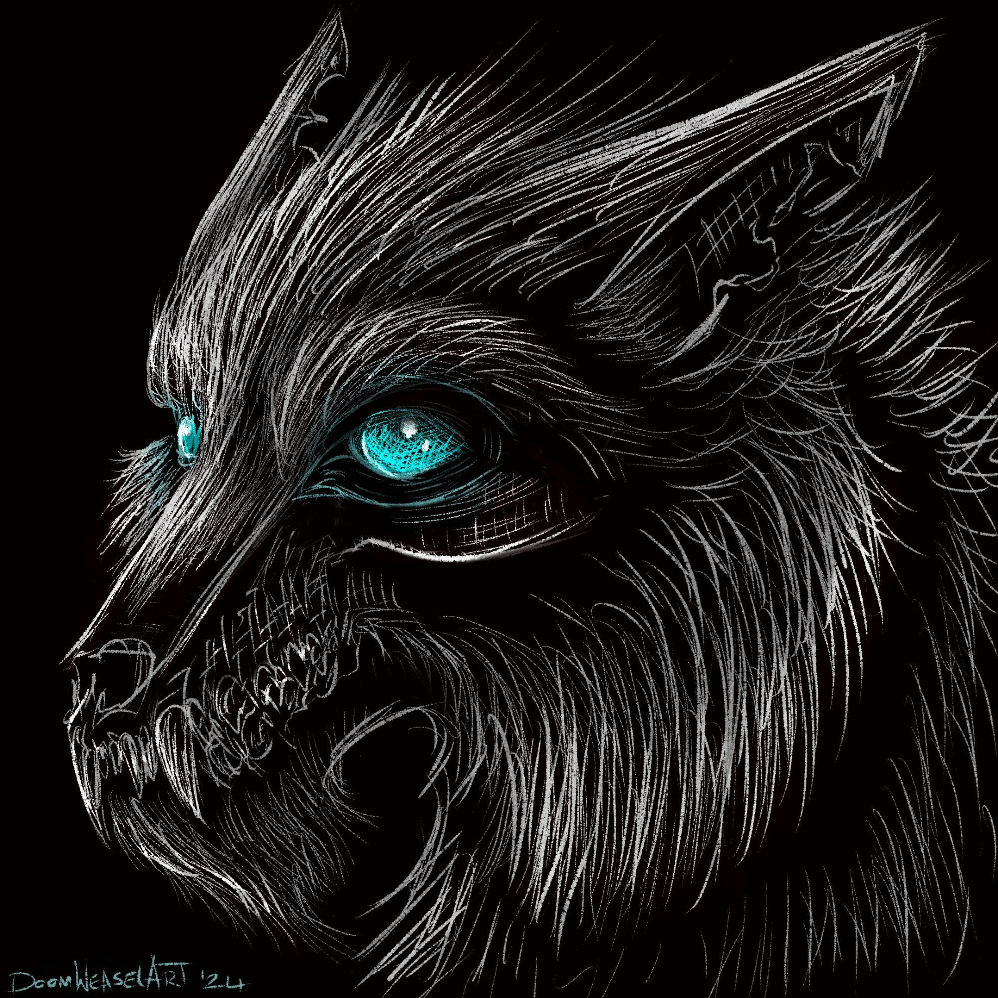 Dark stylized headshot of a zombie wolf with glowing blue eyes