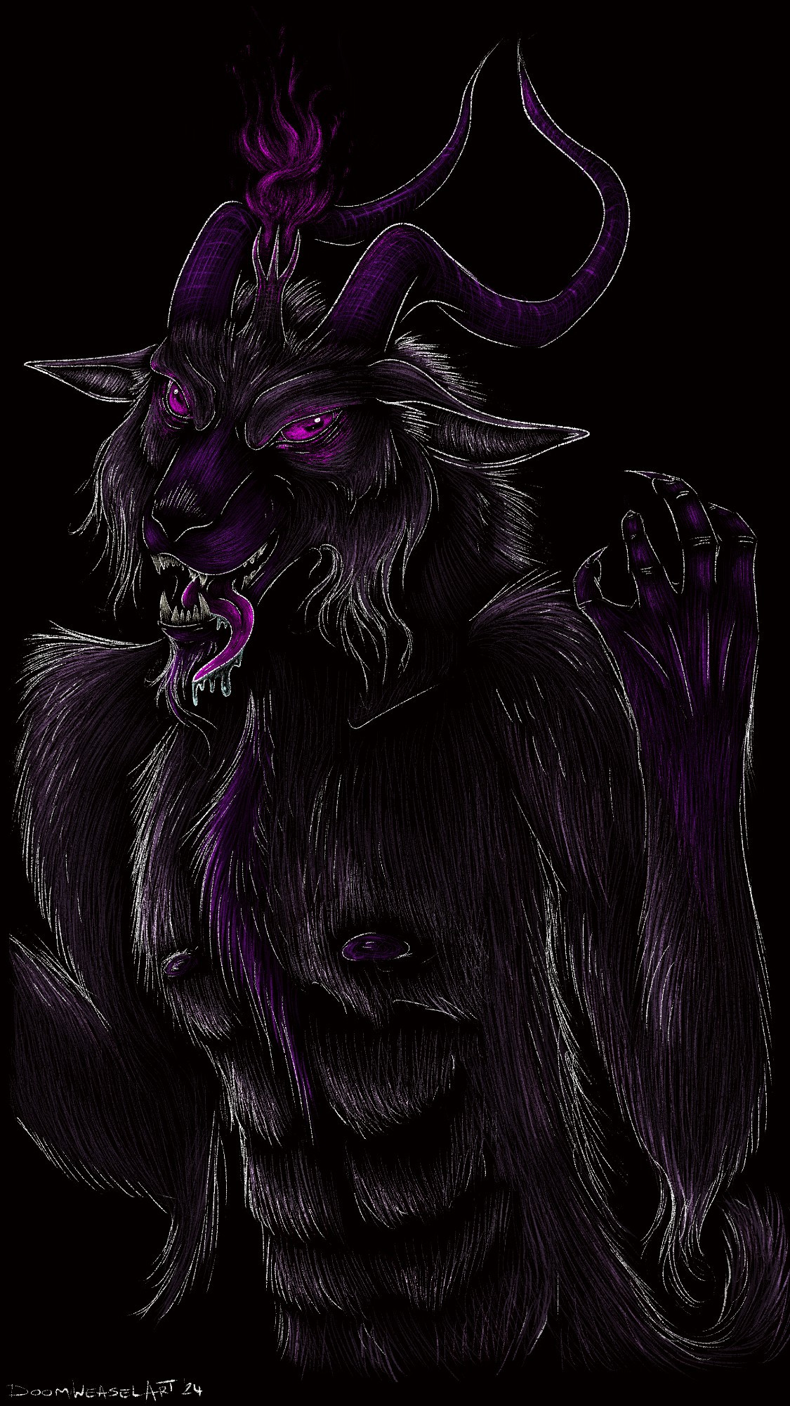 Dark stylized digital illustration of an anthro demon goat with glowing purple eyes (commission for Iper)