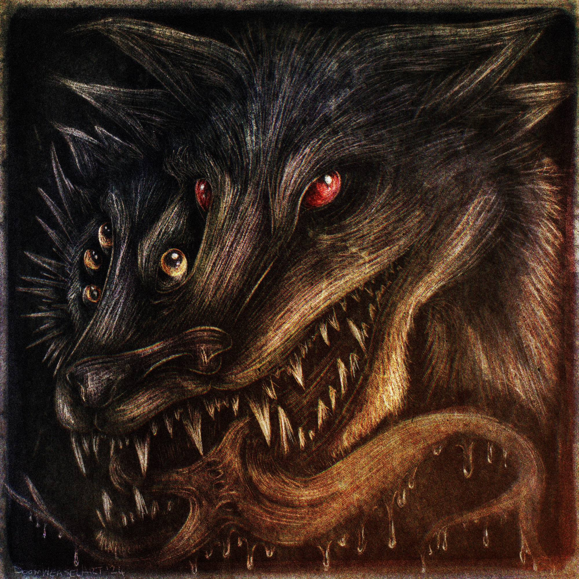 Dark stylized digital headshot of two wolf heads merged together 