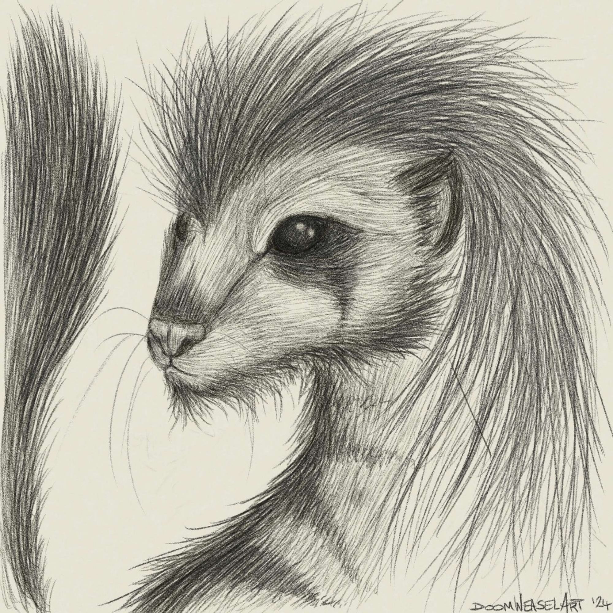 Digital pencil style sketch of a pale ferret with a messy mohawk