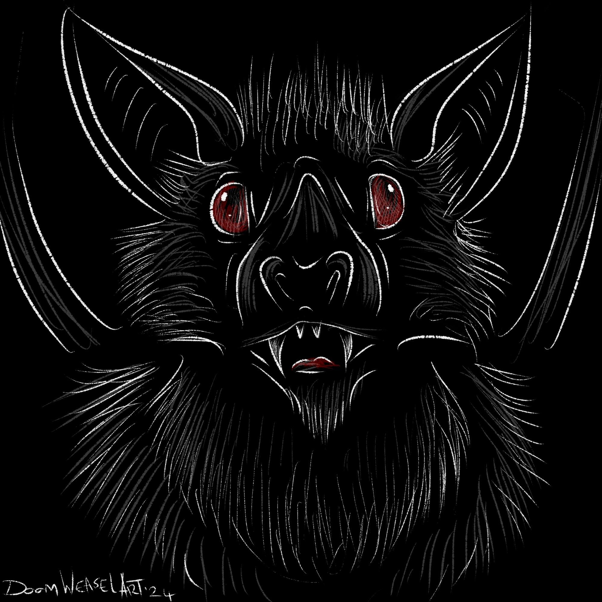 Dark stylized bust of a vampire bat with red eyes