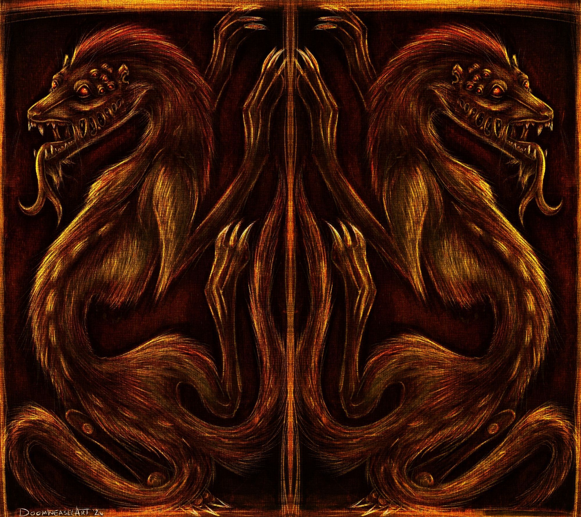 Dark stylised mirrored illustration of a weasel like creature with multiple eyes and a forked tounge