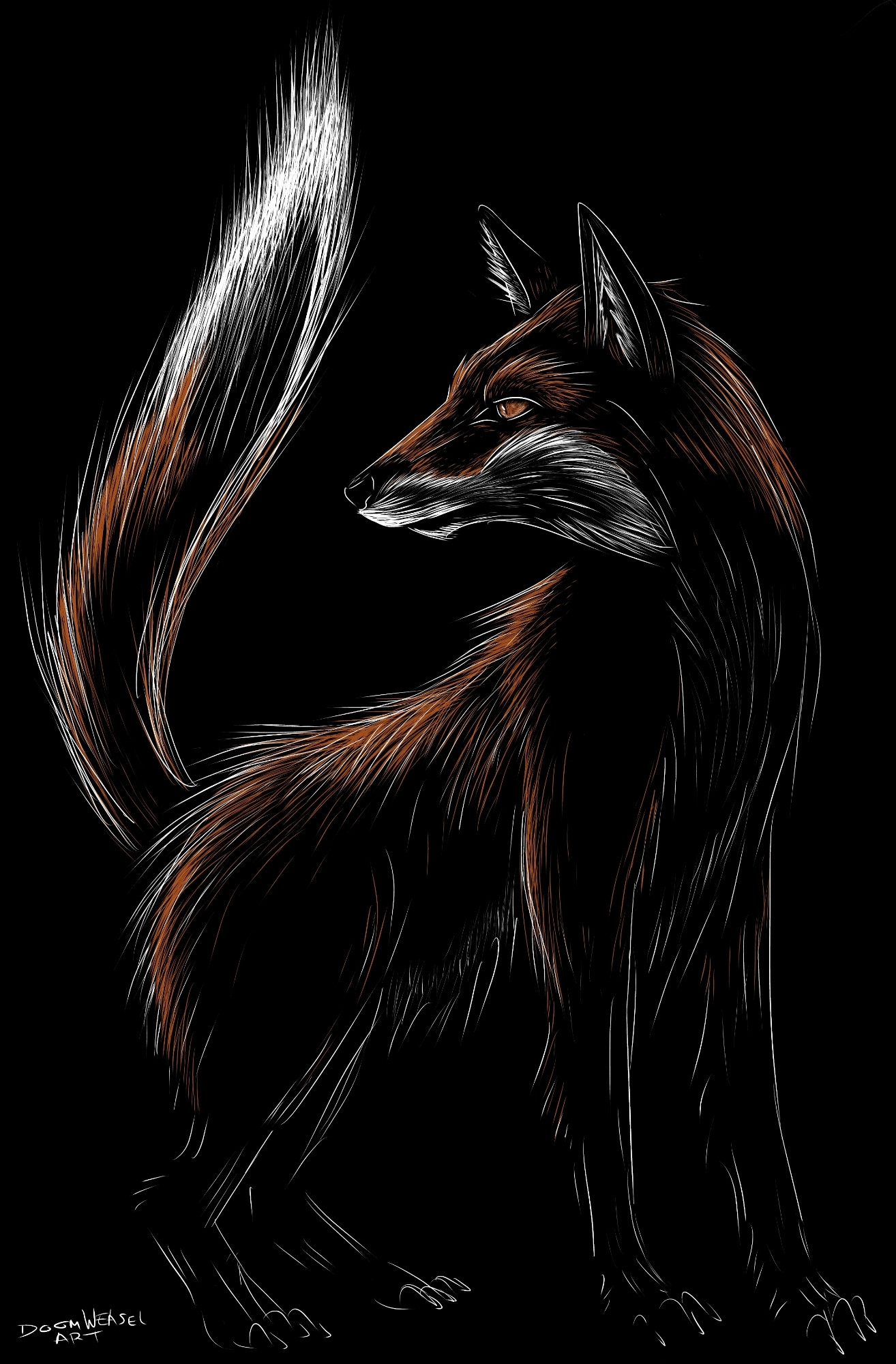 Dark stylised illustration of a red fox