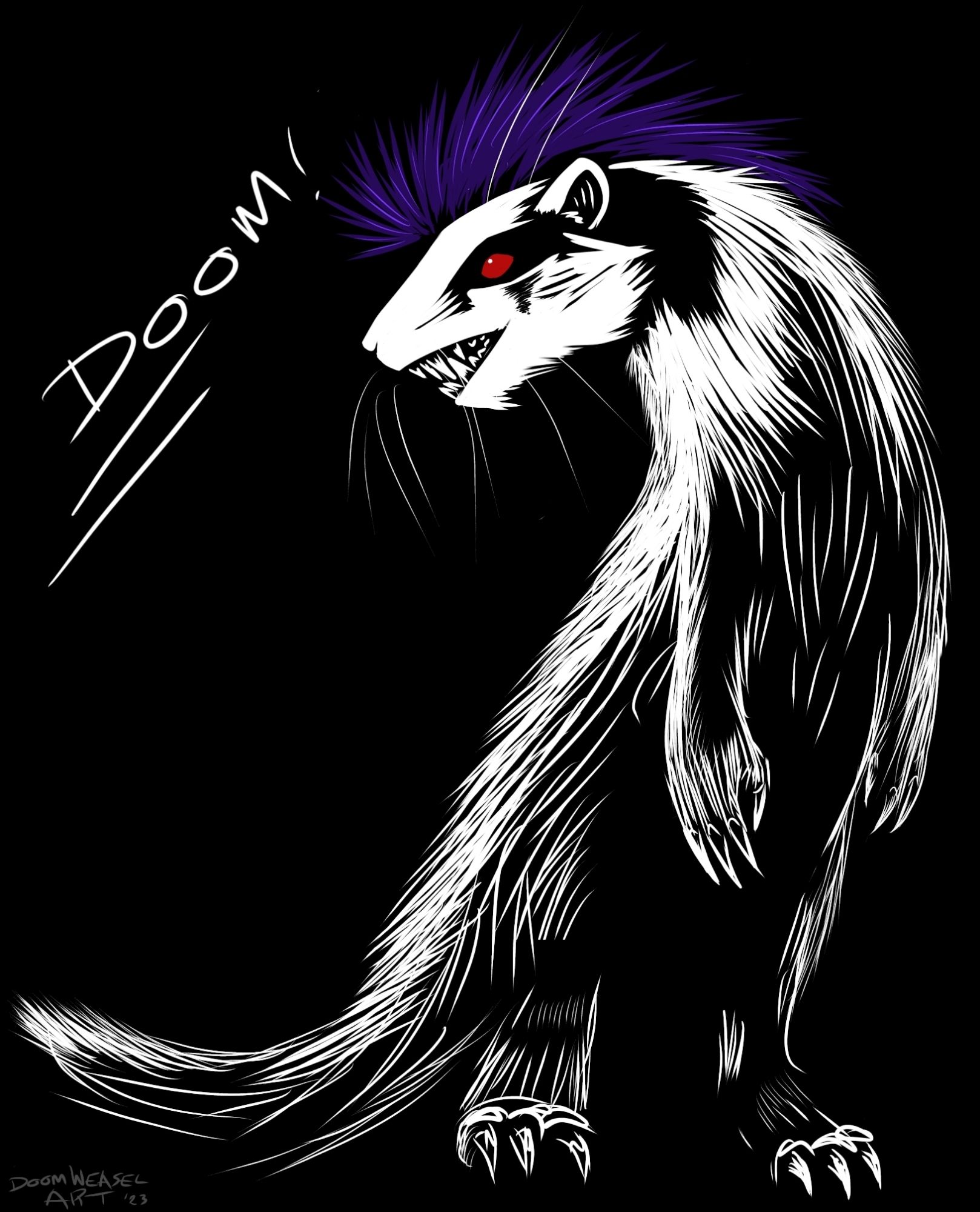 Dark simplified illustration of a white ferret with red eyes and a blue mohawk