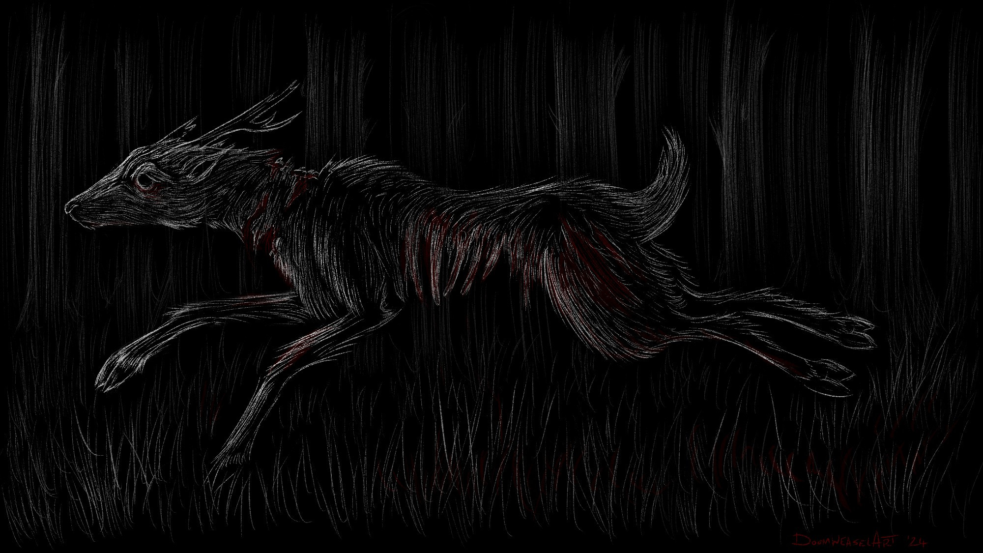 Dark stylized digital illustration of an undead deer running through a dark forest 